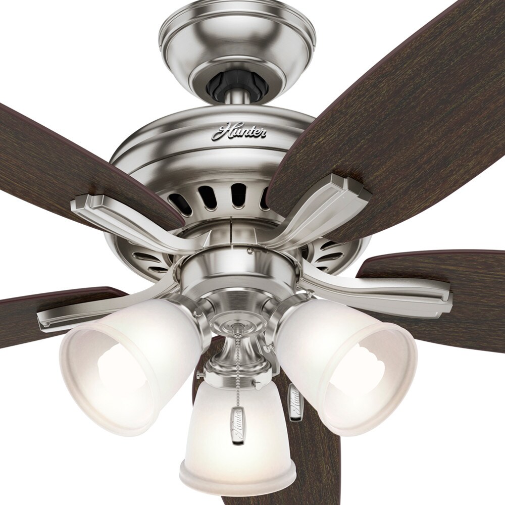 Hunter Newsome 52 Low Profile Ceiling Fan with Cased White Bowl Light Kit - Brushed Nickel - Medium Walnut/Dark Walnut Blades