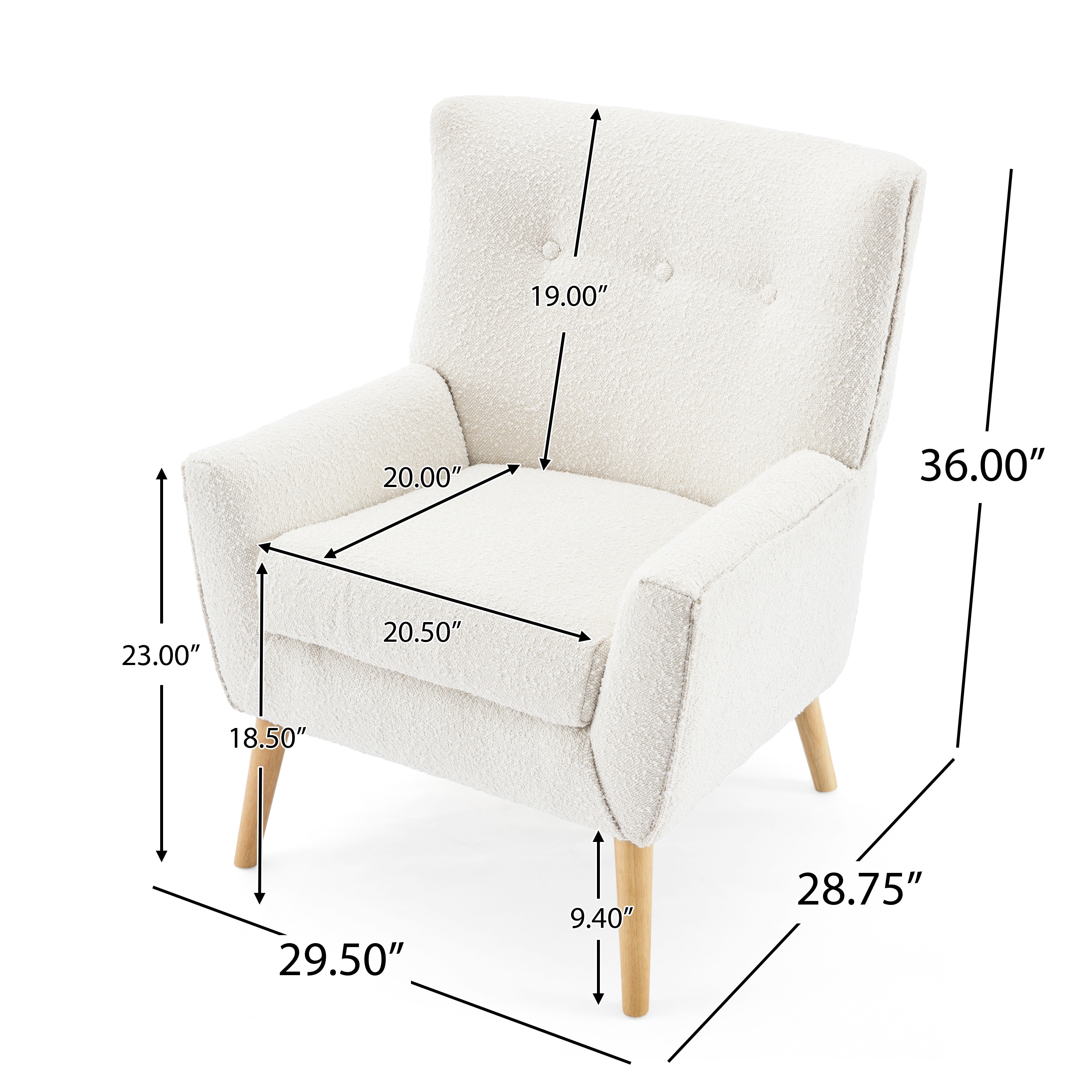 Contemporary White Boucle Upholstered Club Chair with Natural Wood Legs