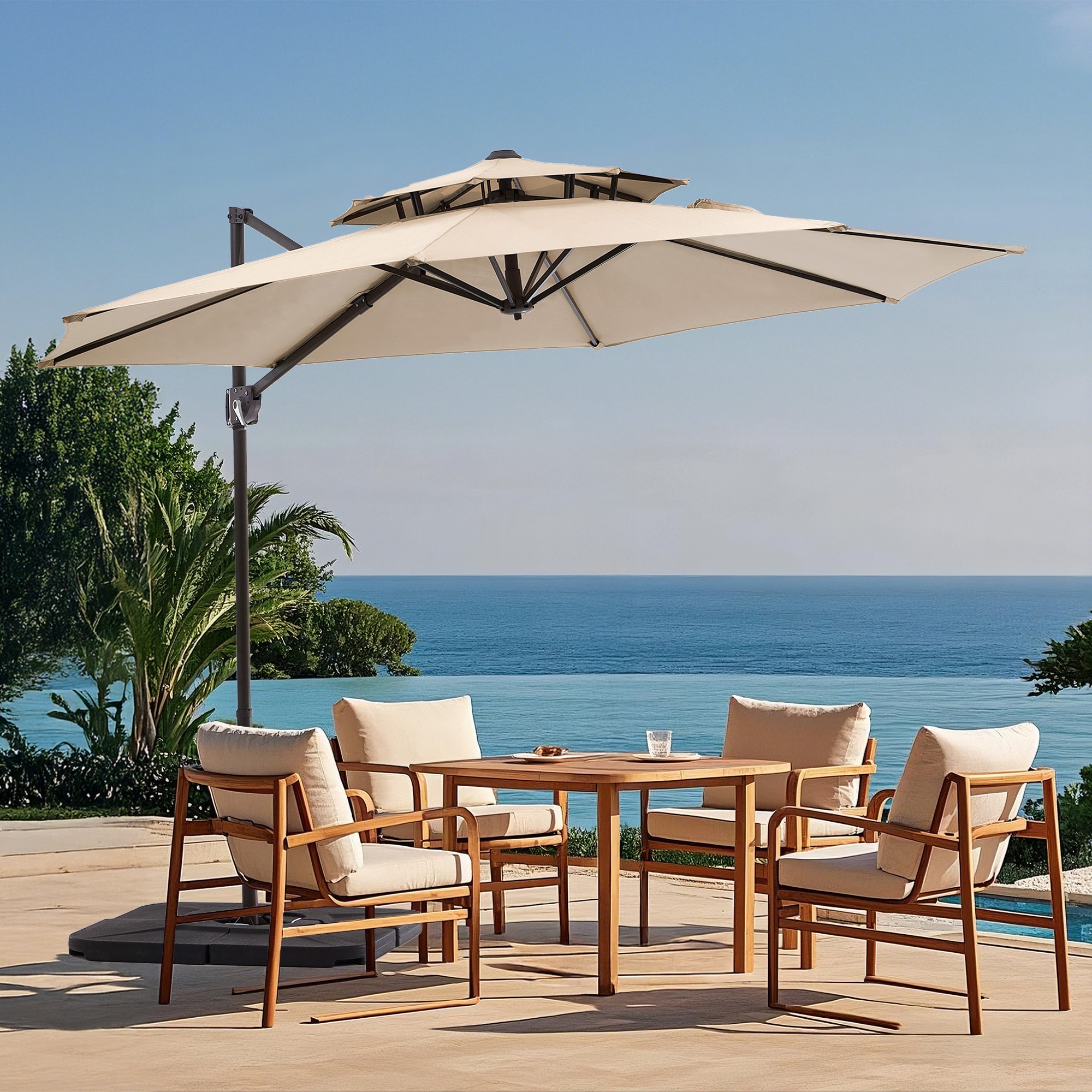 JEAREY JXZNJ 10-ft Aluminum Beige Crank Cantilever Patio Umbrella with Base