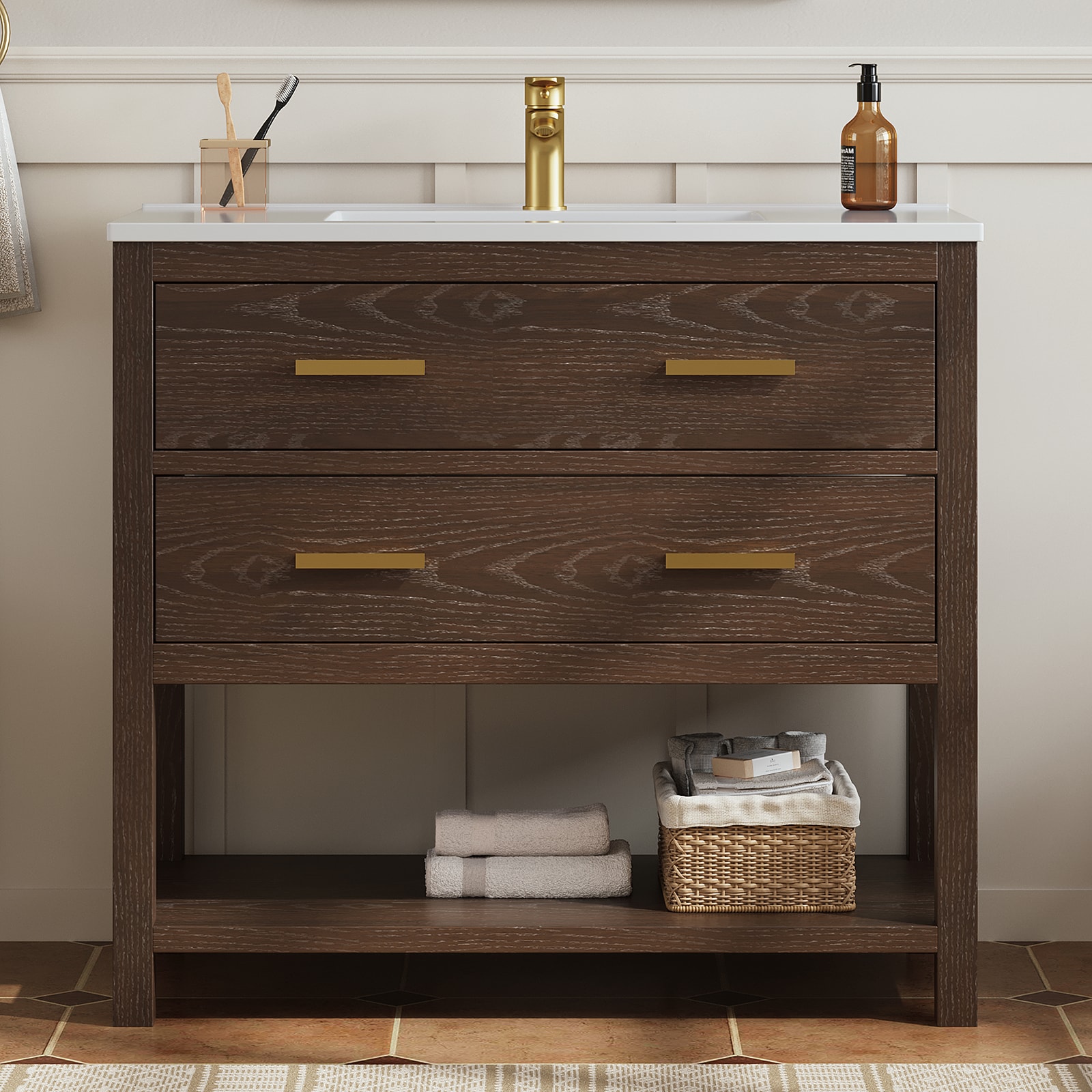 DELUXE LIVING V24030KD-36WT Castle 36-in Walnut Single Sink Bathroom Vanity with White Acrylic Top