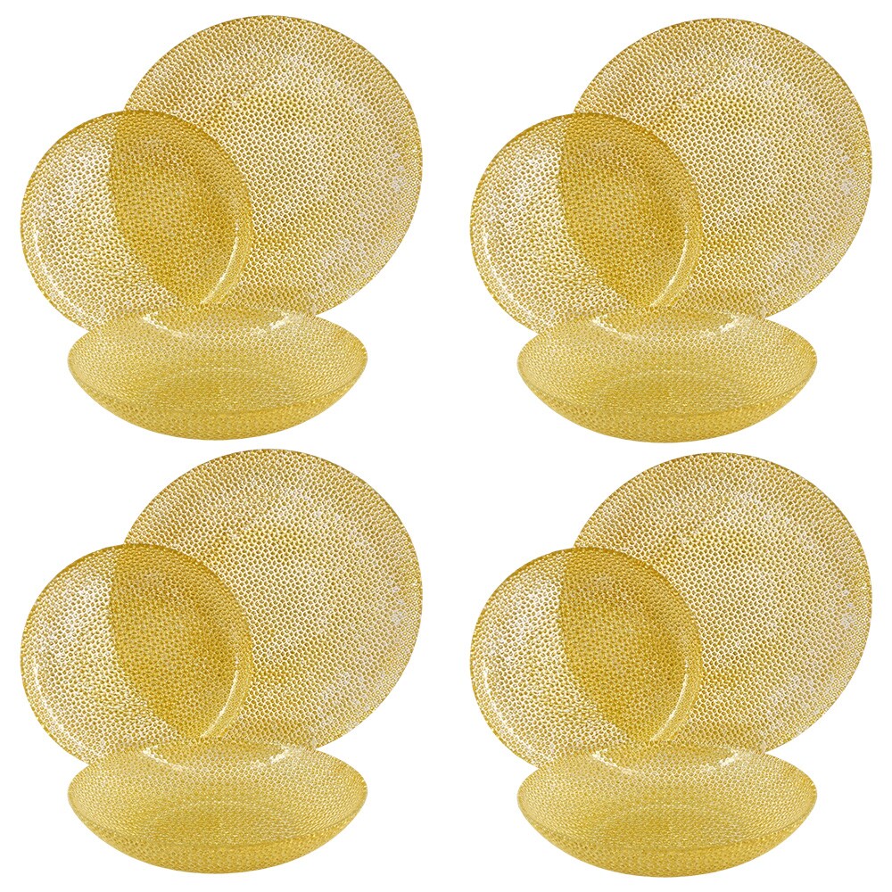 Slickblue Set of 12 Gold/Silver Gilded Glass Dinnerware Set with Pebble Patterned 4 Dinner 4 Salad and 4 Soup Plates for Dining or Table Serving