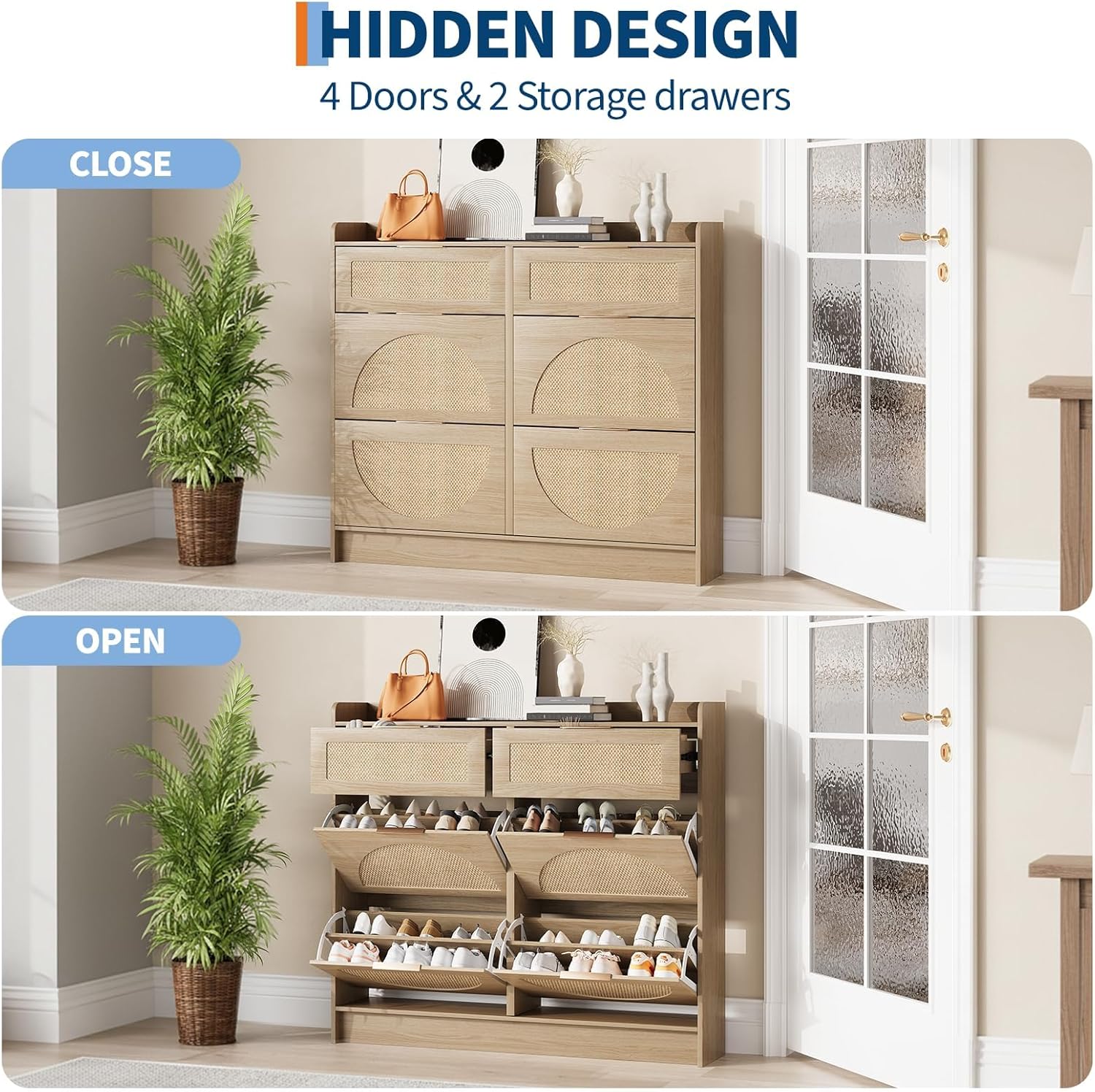 Garvee Rattan Shoe Storage Cabinet with 4 Flip Drawers 2 Drawers - Wide ...