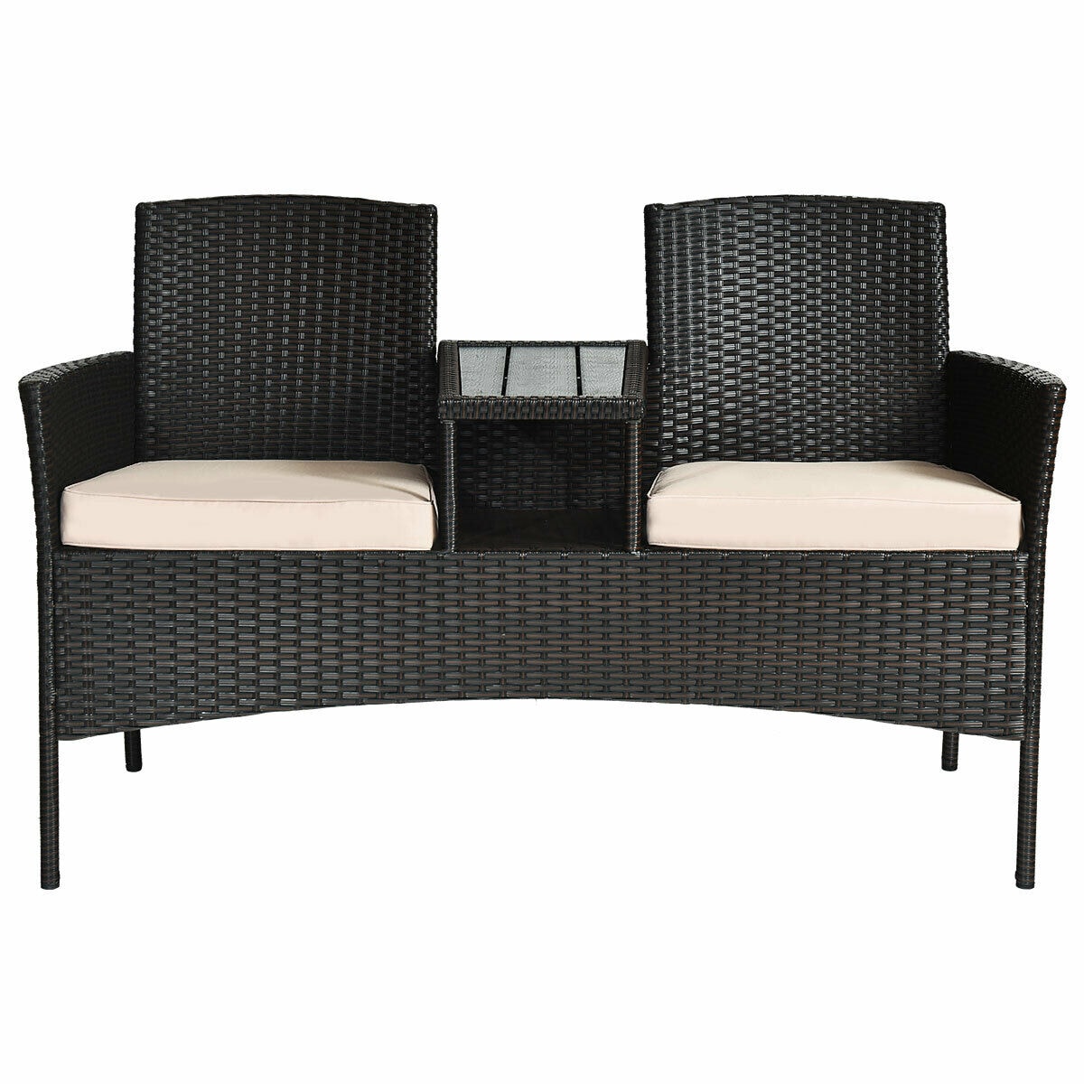 WELLFOR OUJN63233 CW Sofa Rattan Outdoor Loveseat with Beige Cushions and Steel Frame