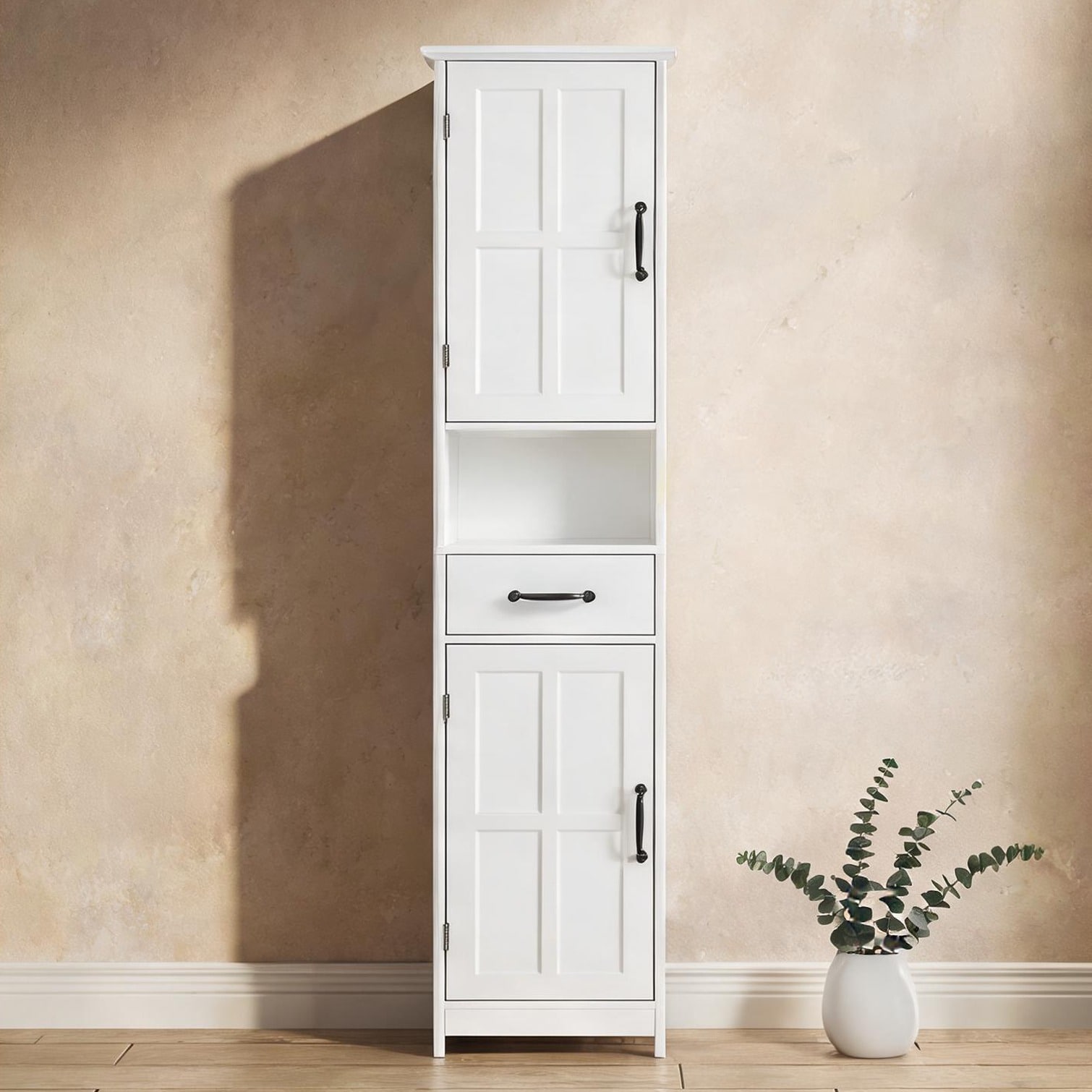 SunJet Slim 25.39-Inch Bathroom Floor Cabinet Modern Arch-Door Storage with Drawer Clean White MDF