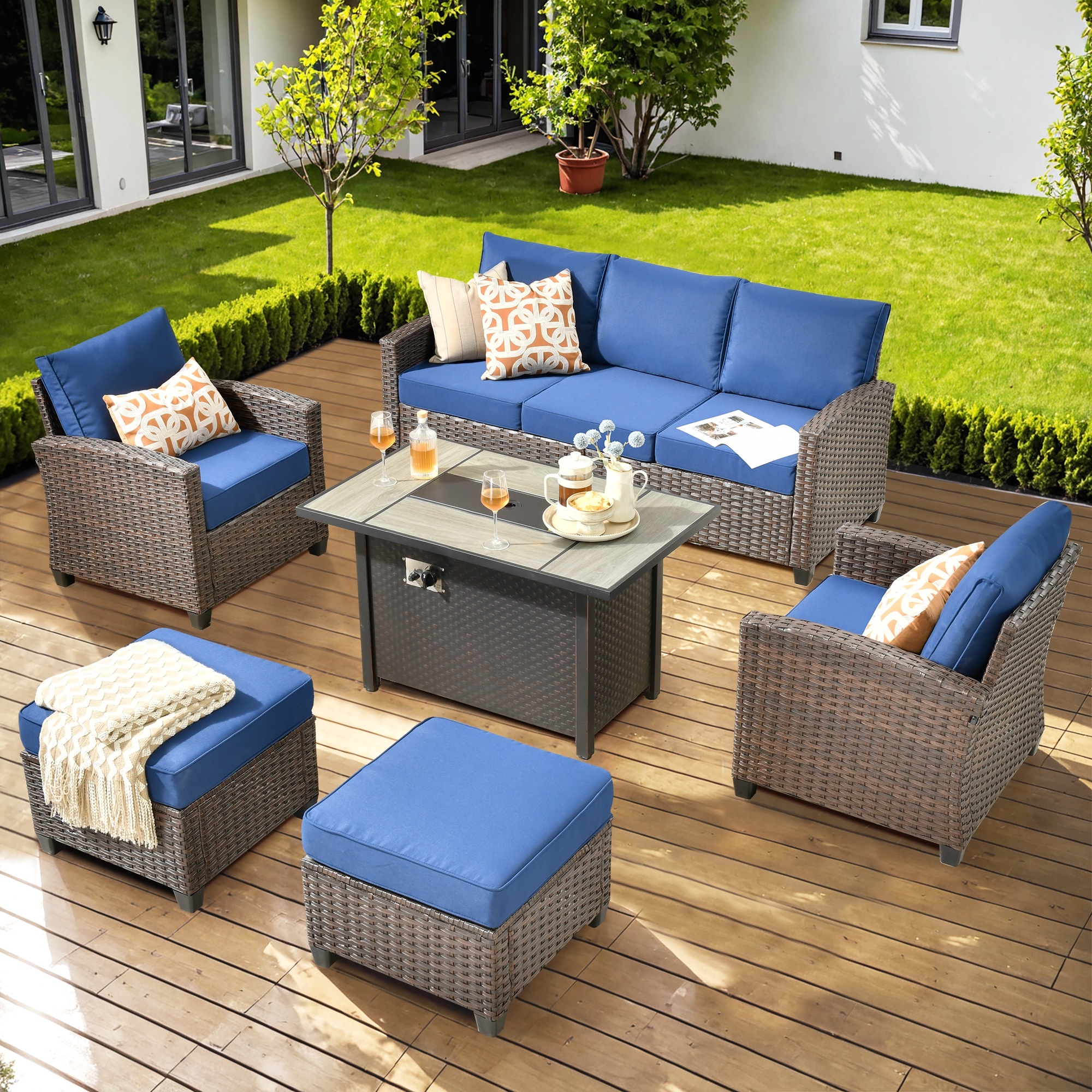 Ovios RFPPR700 6 -Piece Wicker Patio Sofa Conversation Set with Navy Cushions