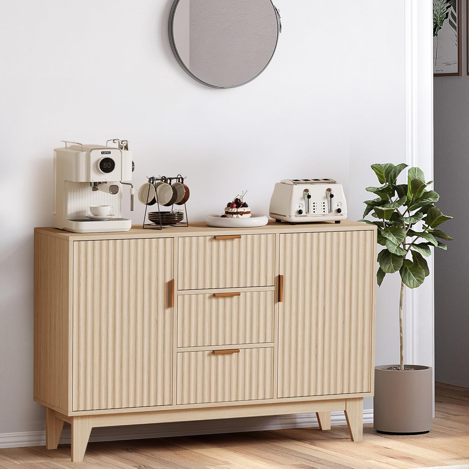 47.2 Inch Oak Fluted Sideboard Buffet - 3 Drawers and 2 Doors/  Large Modern Coffee Bar Storage Console