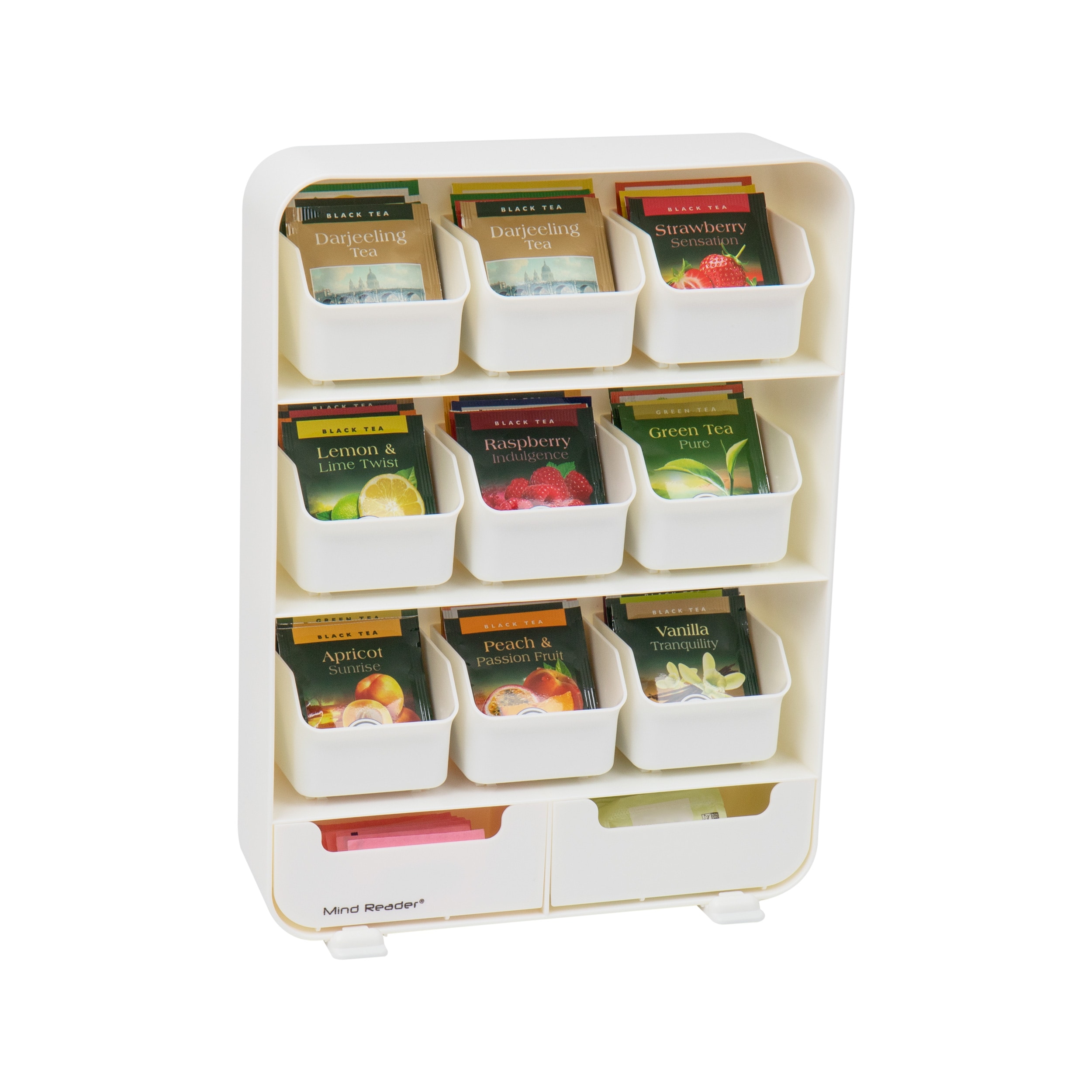Mind Reader TBORG-WHT  Tea Bag Organizer, Tea Station Organizer, Countertop Storage, Kitchen, Plastic, 10.25"L X 3.25"W X 13.75"H, White