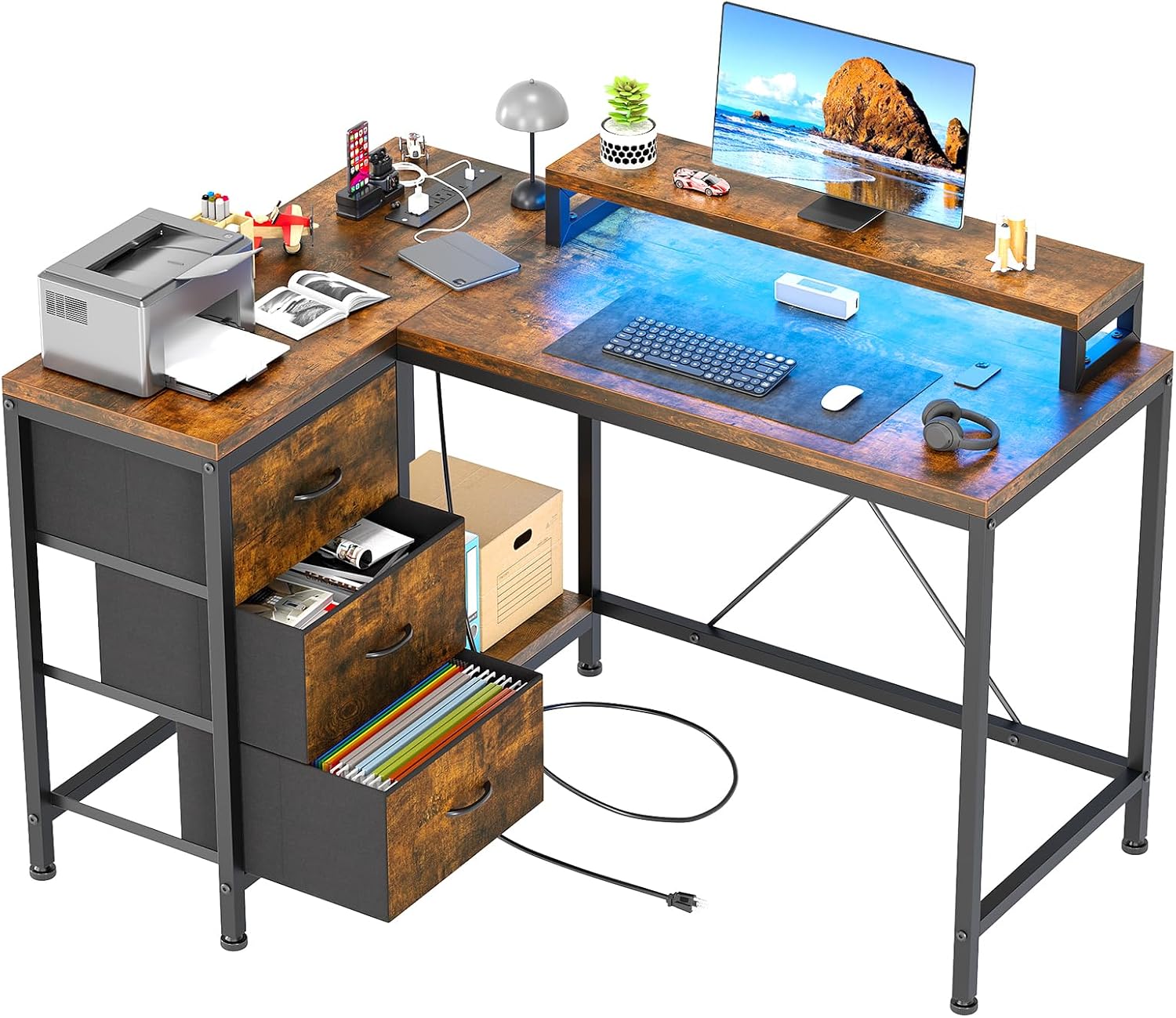 GAOMON - 47-in W L-Shaped Computer Desk with 4 Power Outlets 2 USB Ports LED Lights 3 Drawers and...