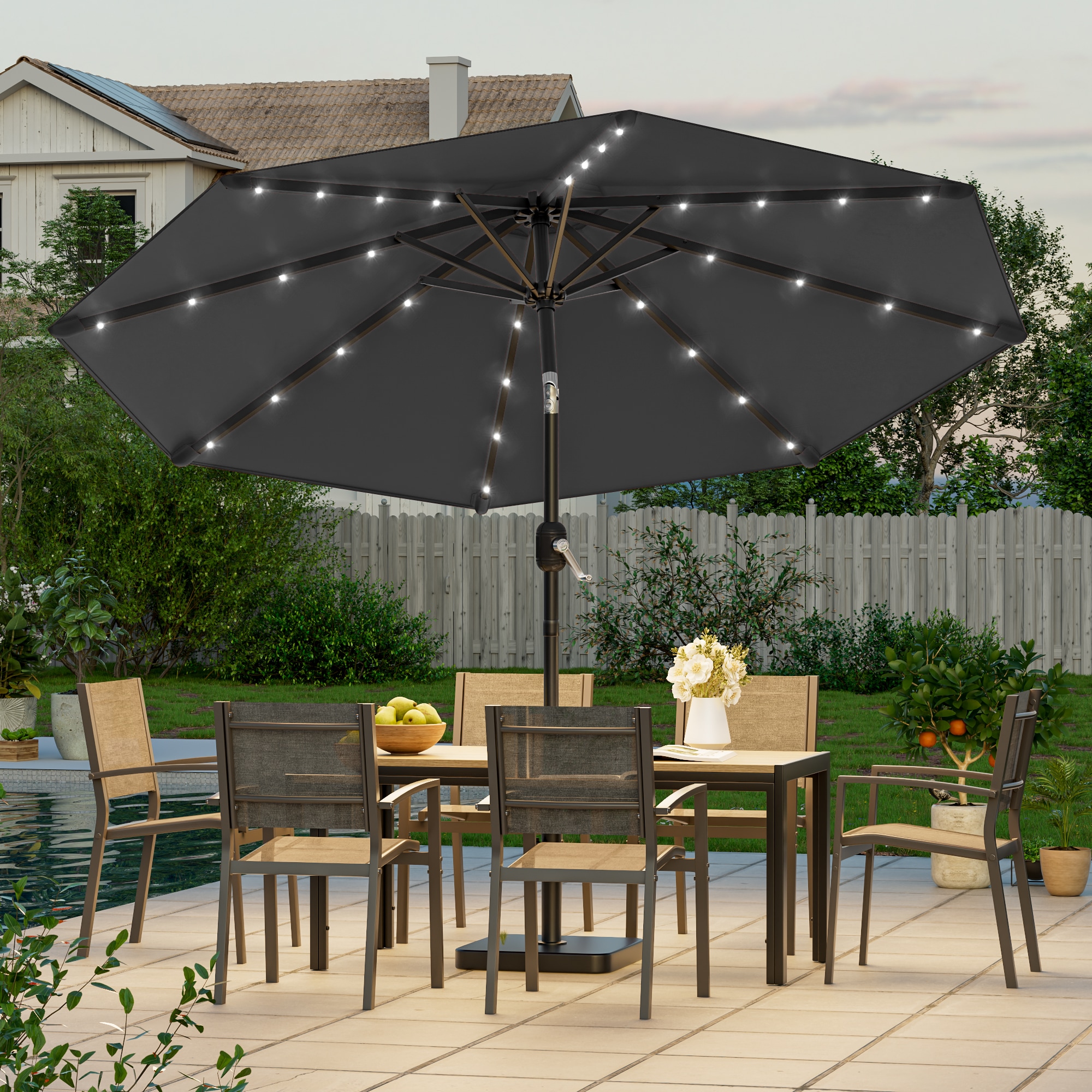 Sonkuki - 9-Feet Steel Black Push-button Tilt Market Patio Umbrella with Lights and