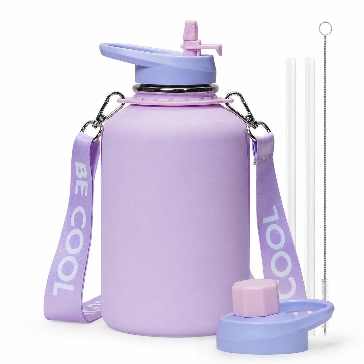 Etokfoks  64 oz Lavender Purple Stainless Steel Insulated Water Bottle with Strap Straw and Spout Lids Bottle