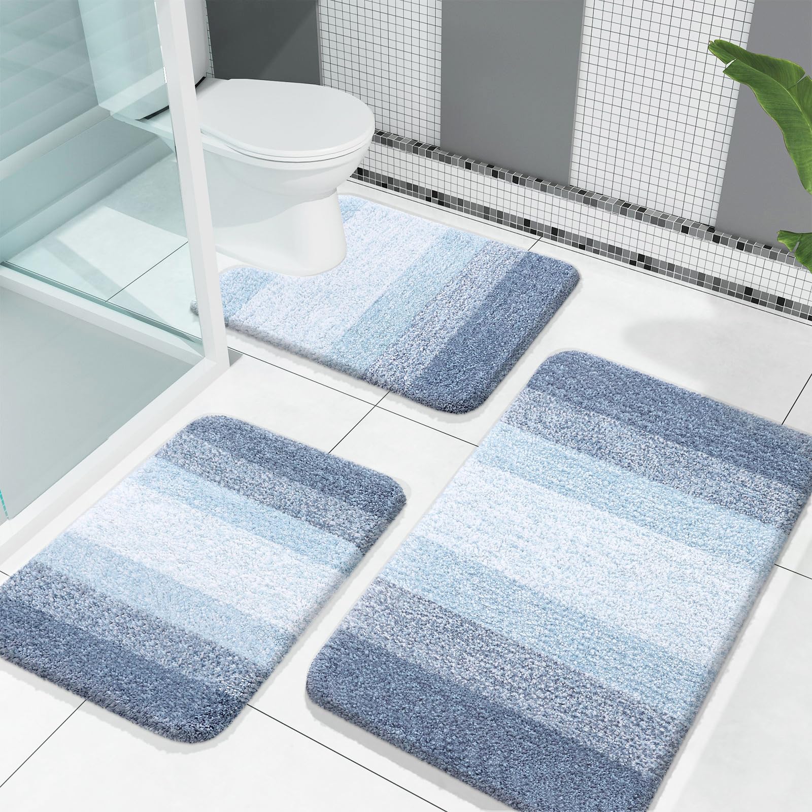 PUPWE Microfiber Bathroom Rug Set Ultra Absorbent Soft Plush Non Slip Machine Washable Decor 3 piece