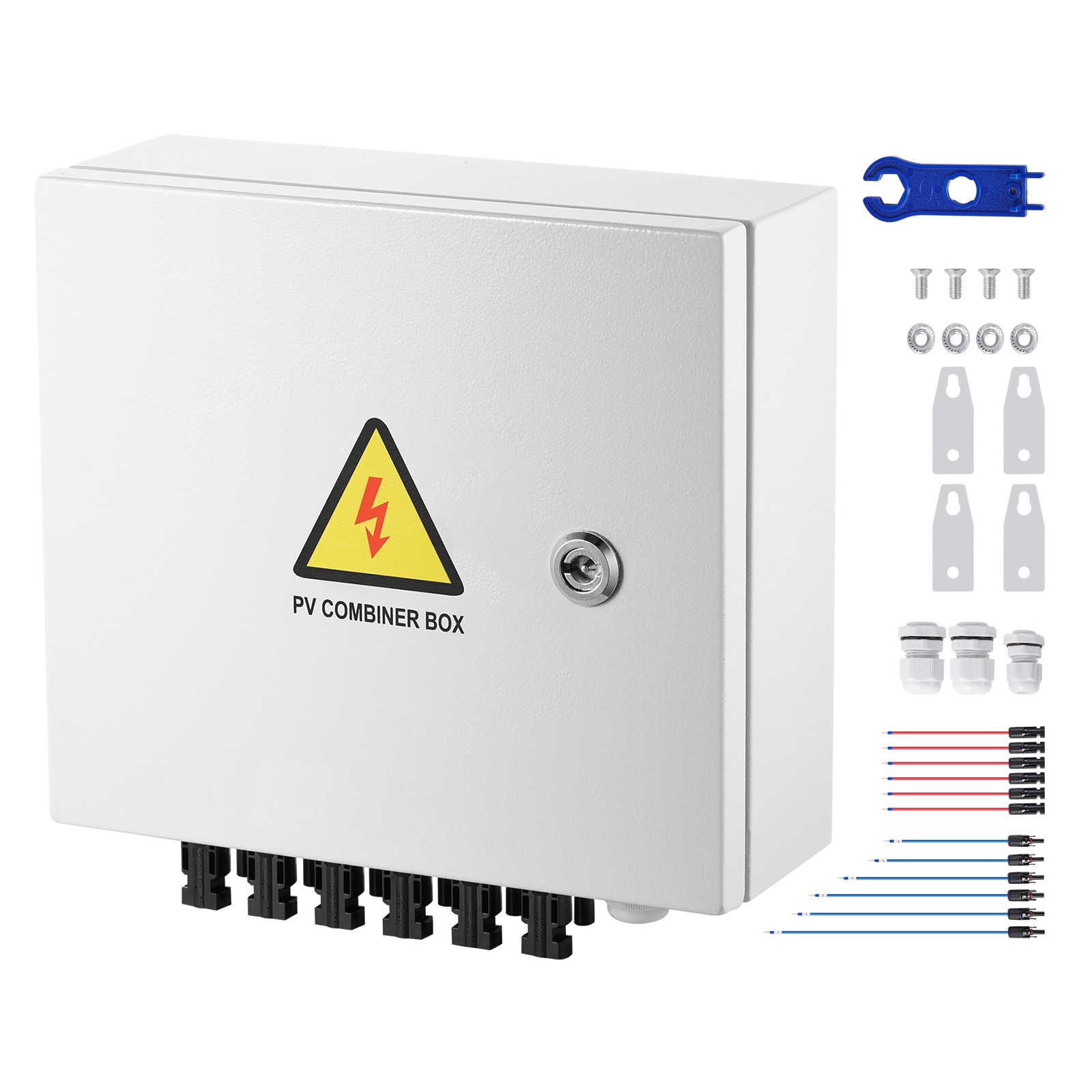 Mecale 6-String Solar PV Combiner Box IP65 Steel Enclosure 10A Fuses 63A Breaker Surge Protector Off-White