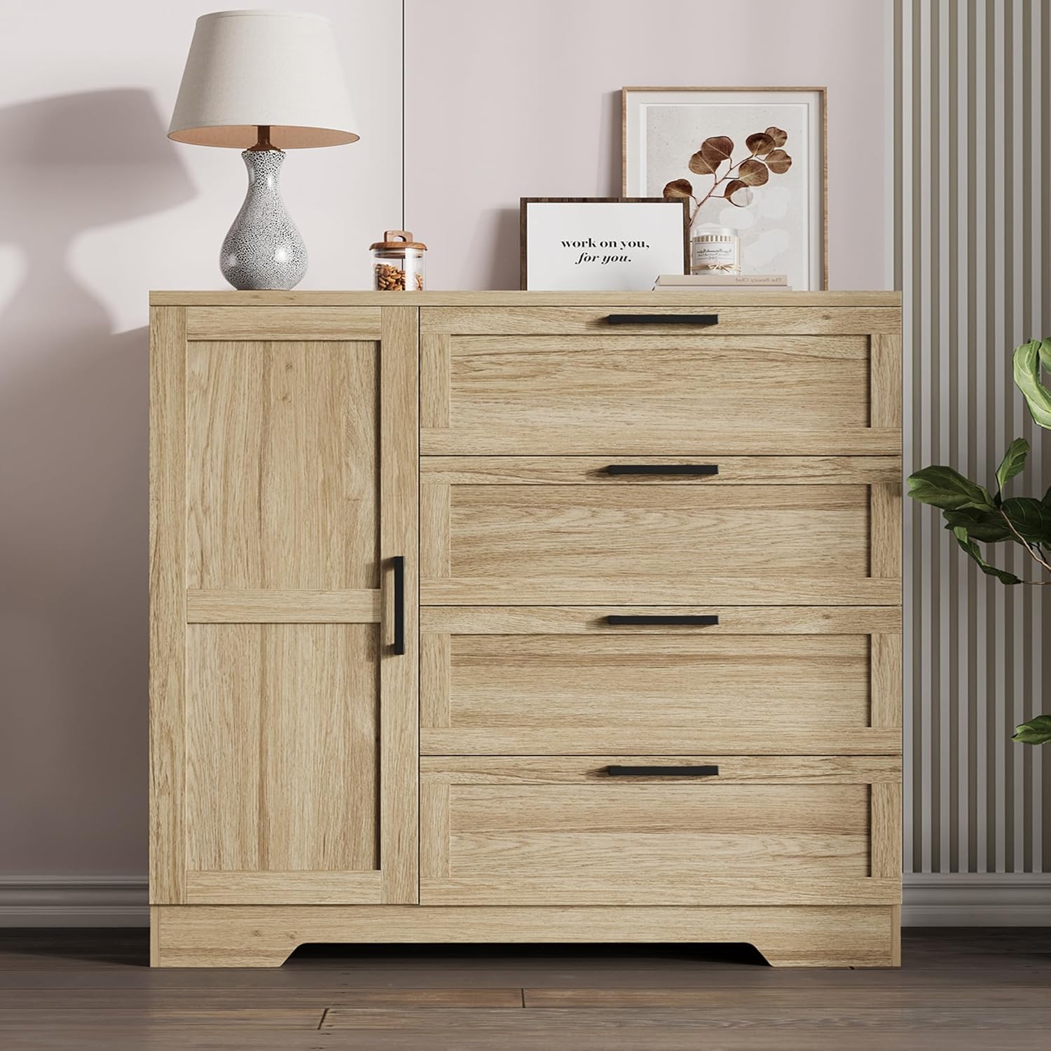 Qeetex YJCJ-PHK-33SB8LMT 43.3 inch Armoire Wardrobe Closet with 4 Drawers and Hanging Rod  Multifunctional Wood Storage Cabinet for Bedroom  Natural Oak