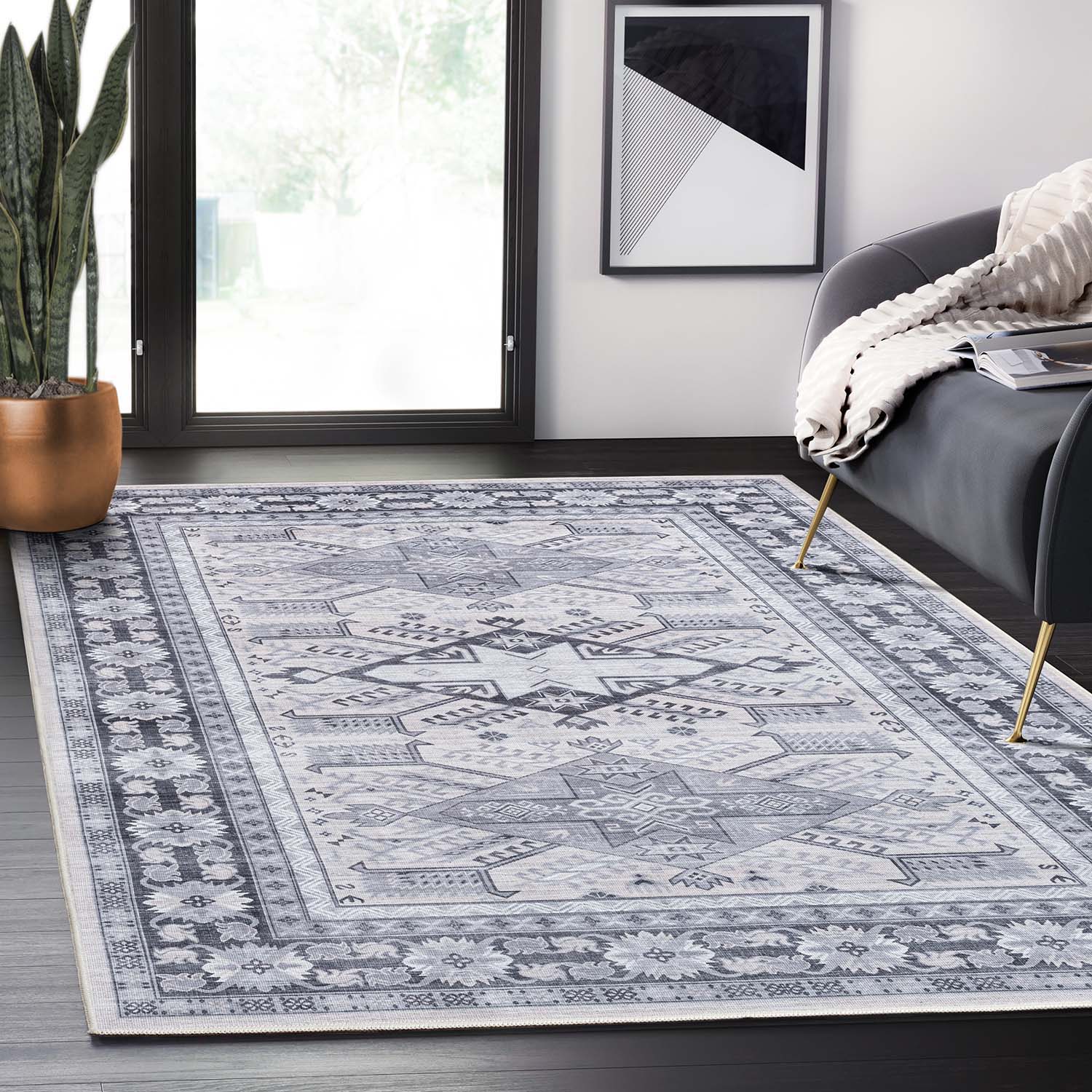 Molana 8 x 10 (ft) Loomed Polypropylene Grey/Cream Rectangular Indoor Abstract Oriental Machine Washable Area rug