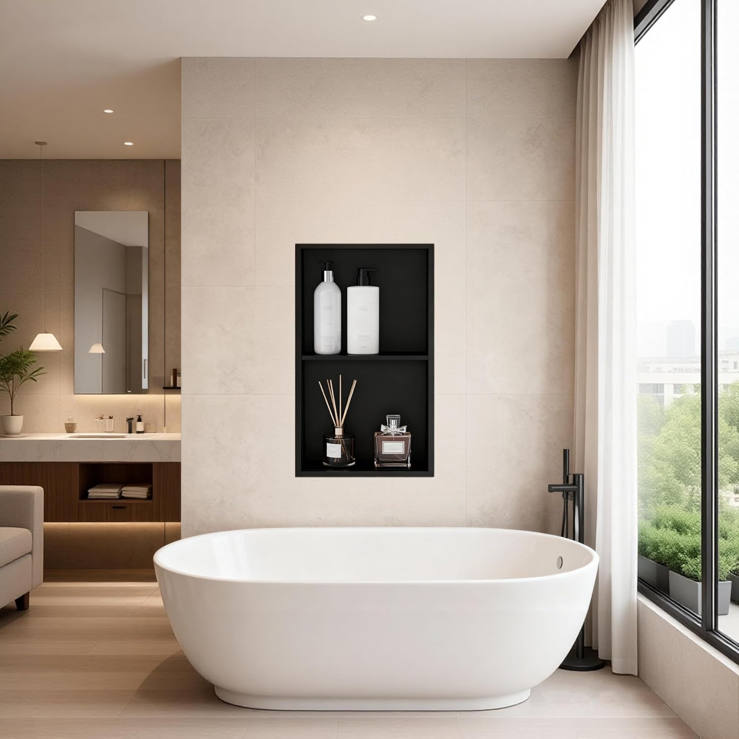 GAOMON 24 x 12 Inch Double Shelf Stainless Steel Shower Niche - Recessed Wall Storage Matte Black No Tile Needed Bathroom Organizer