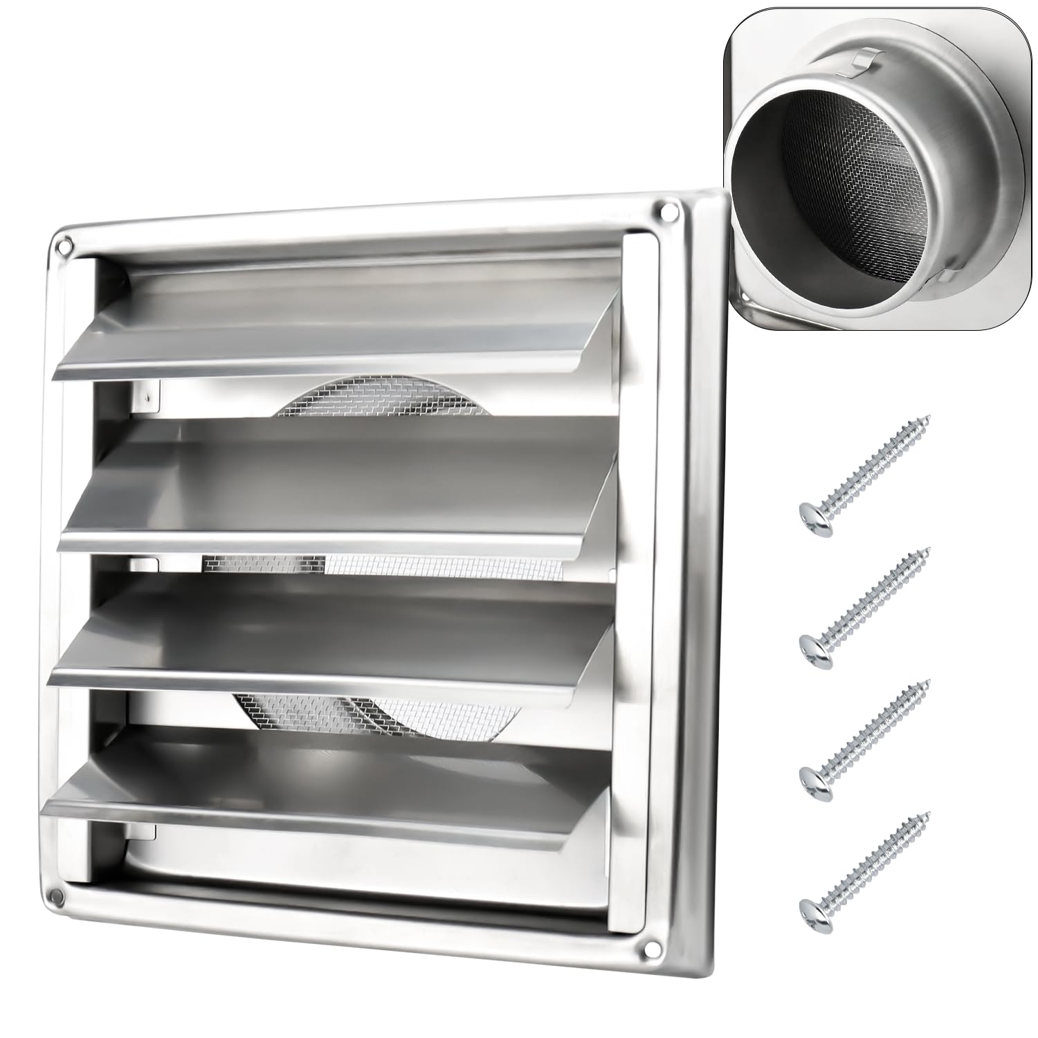 Justincity  4 in Metal Dryer Vent Cover with Moving Lamella and Screen Stainless Steel Exterior Wall Outlet Includes Screws for Easy Installation