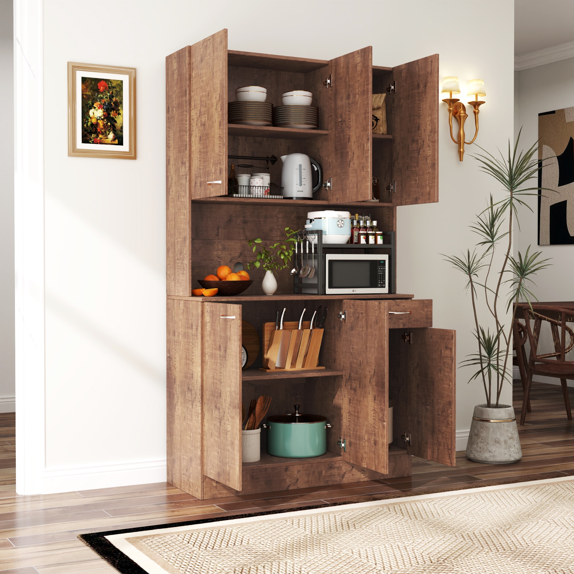 LUXEYARD 70.87Inch Tall Wardrobeand Kitchen Cabinet with 6Doors 1Open Shelves and 1Drawer for bedroomWalnut