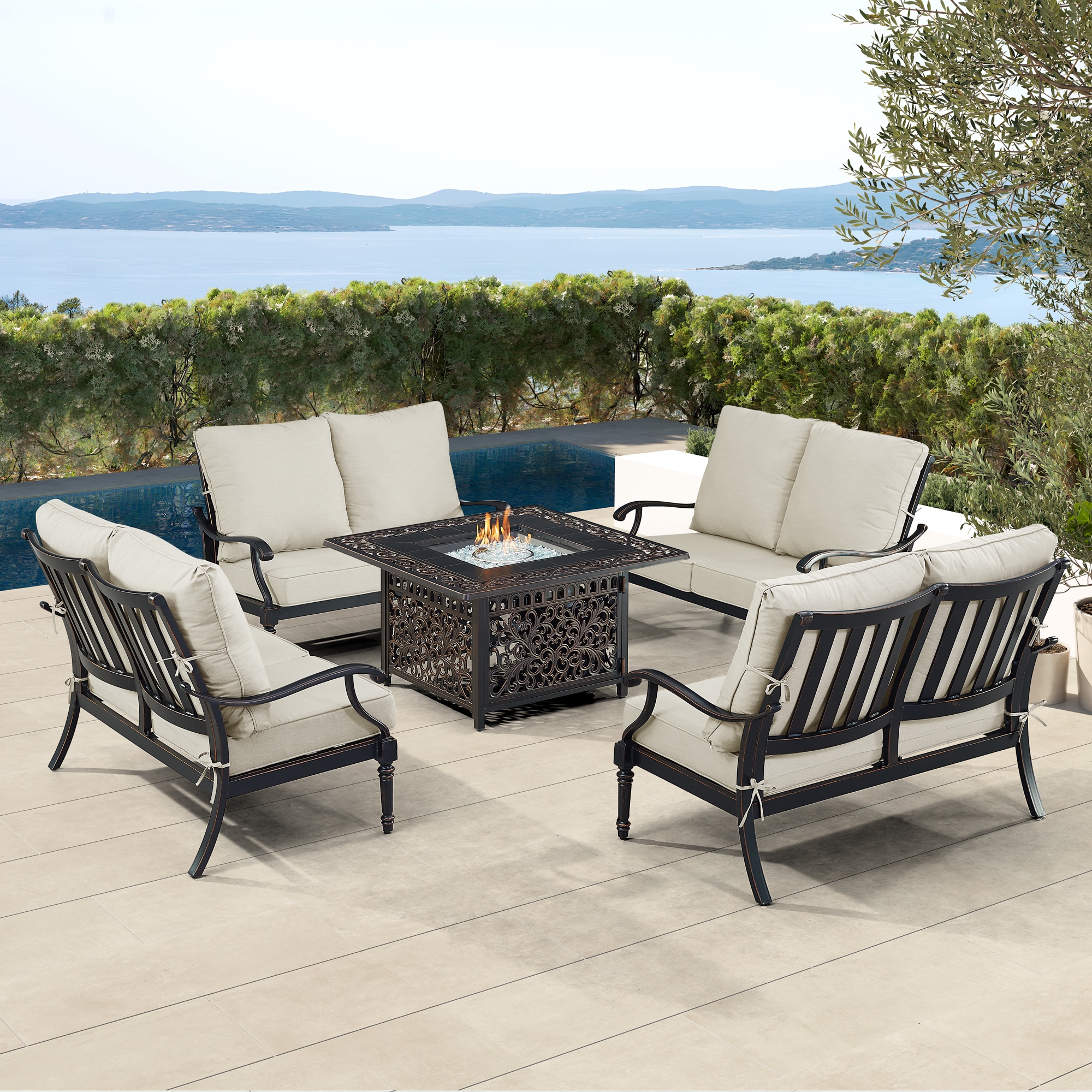 Oakland Living SHAO4LSMAYANLGCUA Fire Pit Table Set, Four Loveseats and Wind Guard 22-Piece Patio Conversation Set with Gray Cushions