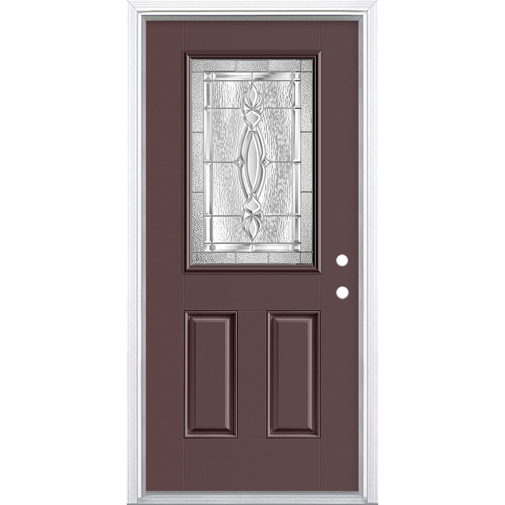 Masonite 3422021 Panama 36-in x 80-in x 4-9/16-in Fiberglass Half lite Left-hand inswing Currant Painted Prehung Single door Front Door with Brickmould Insulating core Decorative glass