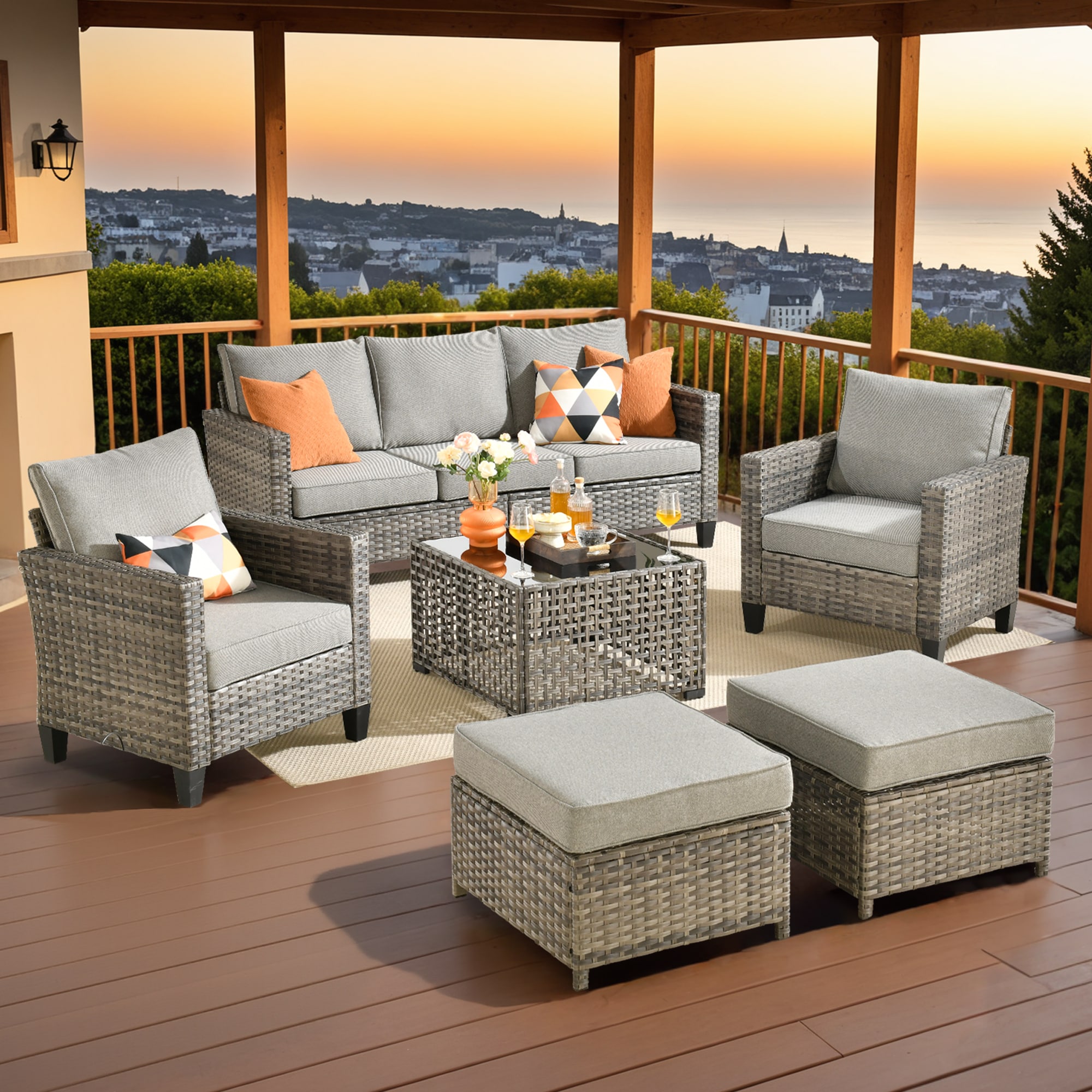 weaxty HMBNGRS200S61 Trueno 6 -Piece Wicker Patio Sofa Conversation Set with Gray Cushions