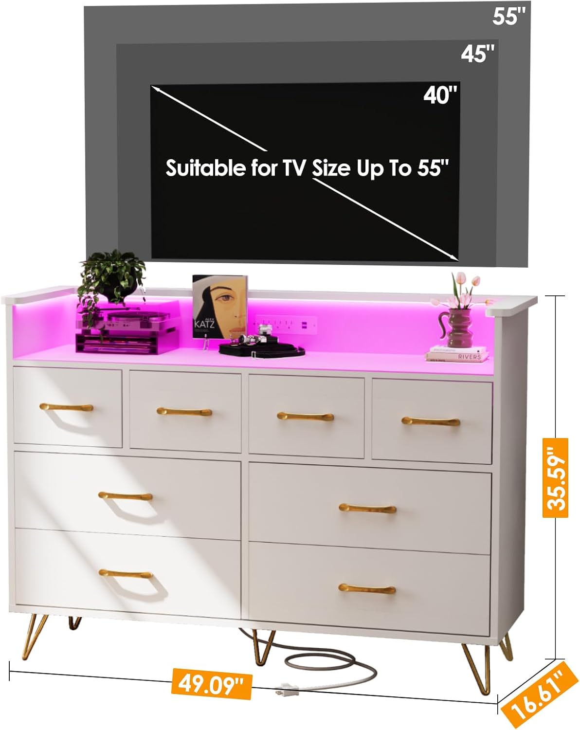 WhizMax LDYLSPHO-339WFUHY Tall 8 Drawer Wooden Dresser With Charging Station And Music Sync Rgb Led Lights Modern Closet Organizer App Controlled Voice Command Scratch Resistant Finish Stylish Metal Handles White
