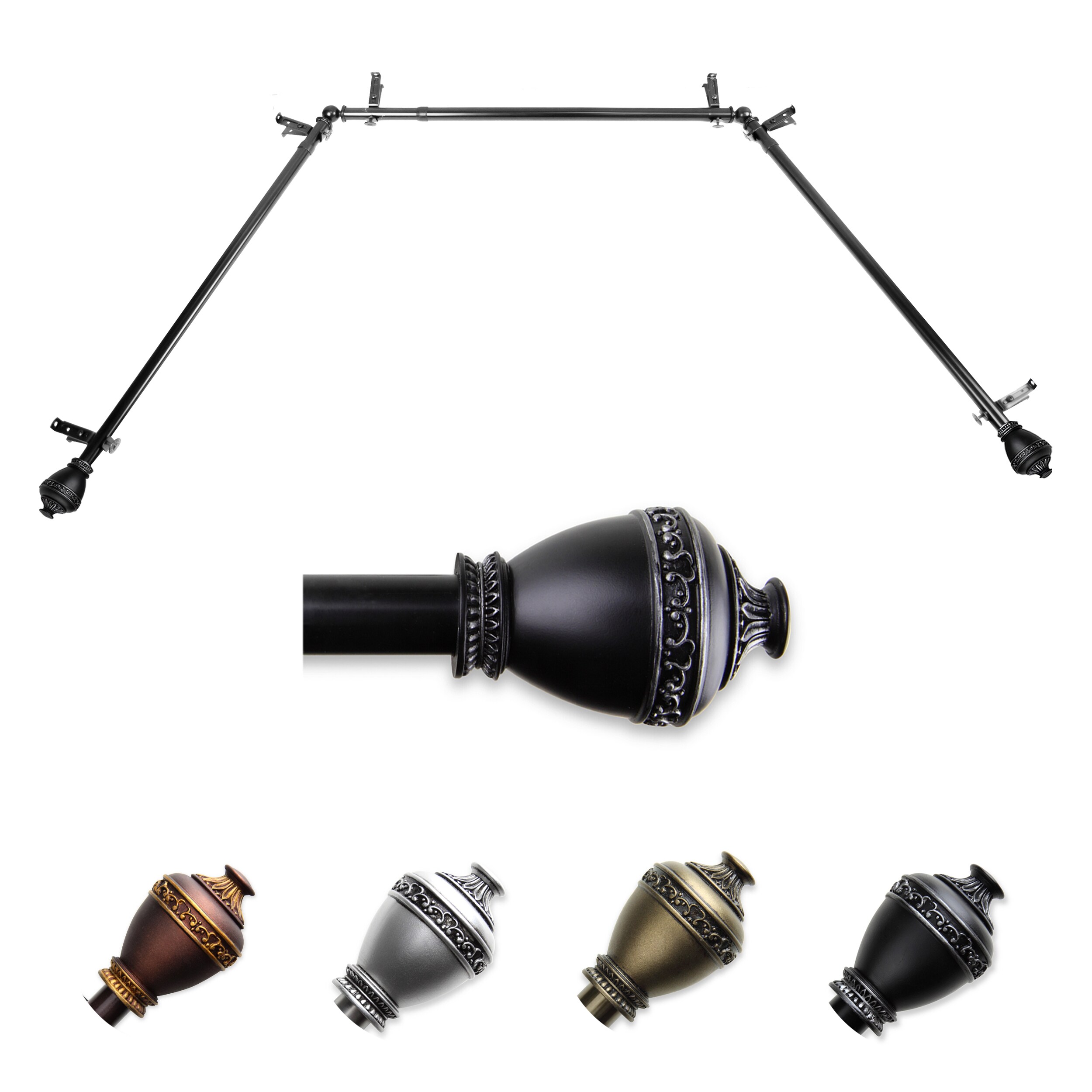 Hart & Harlow L-ABAY-95-2 Vinn 13/16-in Bay Black Steel Bay window curtain rod with Finials