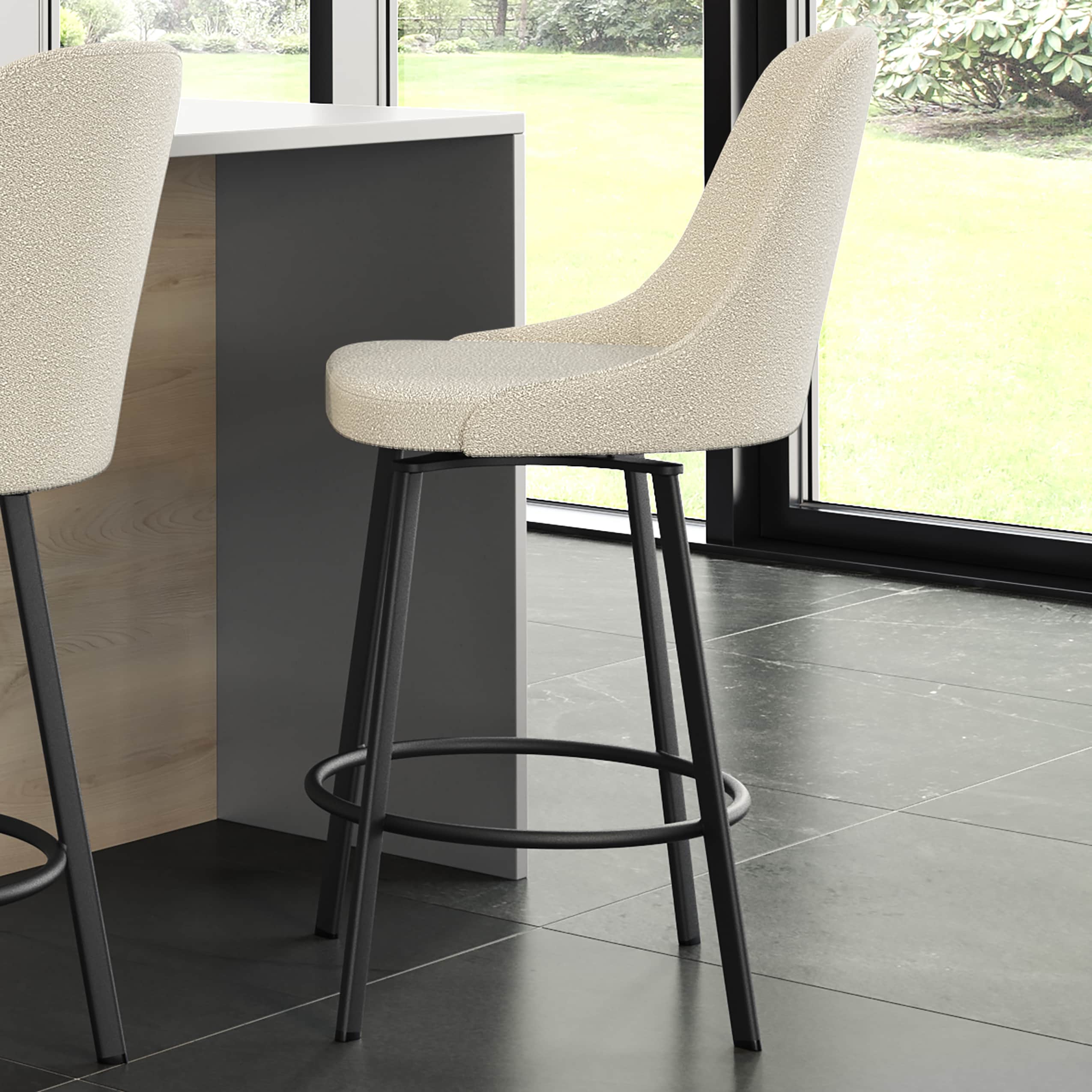 Harper 30" Cream Bouclé Polyester Swivel Bar Stool with Black Metal Base