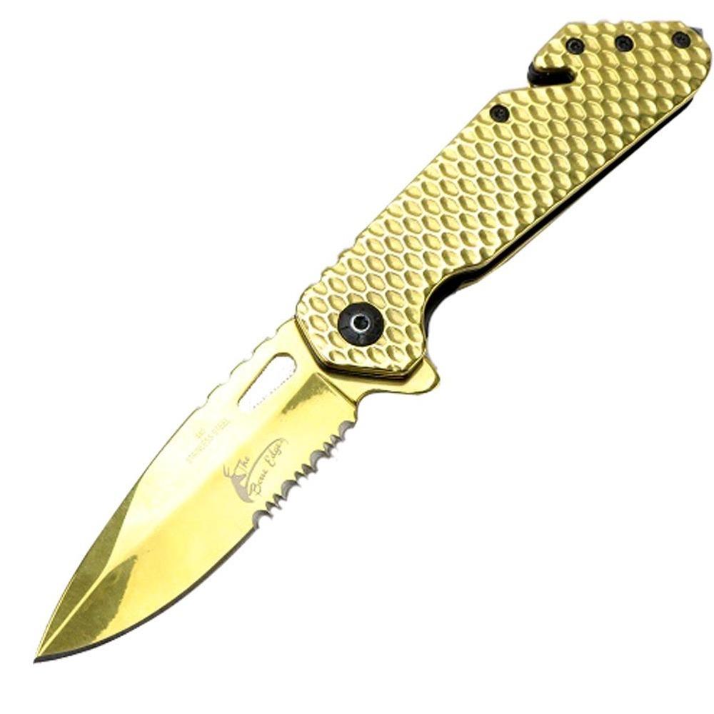 Shelter SLTR5429  9964 8.5 in. The Bone Edge Spring Assisted Folding Knife Golden with Belt Cutter and Glass Breaker