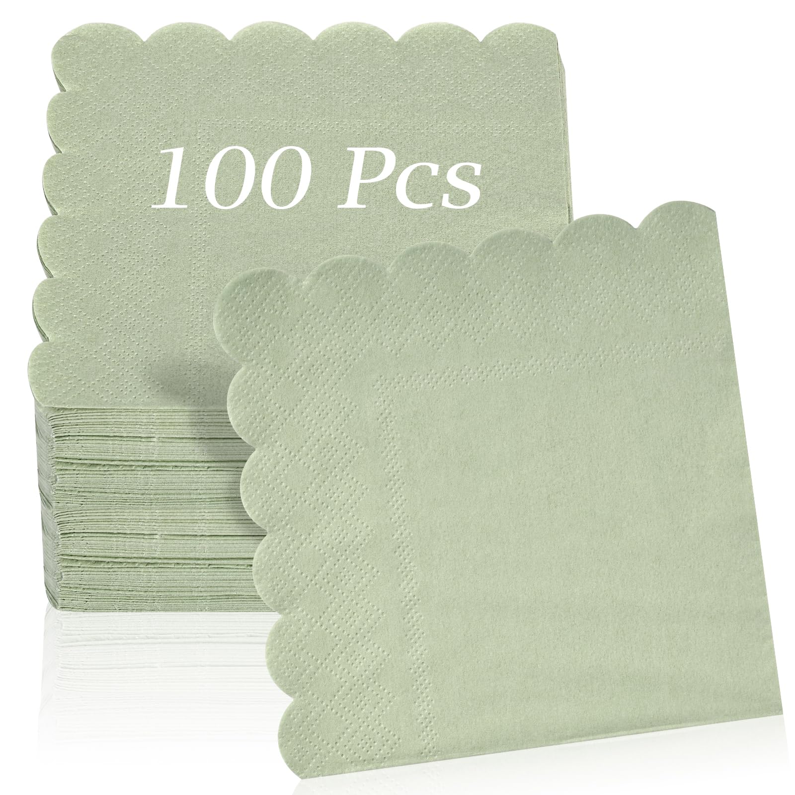 Aoibox  100 Pack Sage Green Scalloped Cocktail Napkins 2 Ply Pure Wood Pulp 5 x 5 in Folded Inches Disposable
