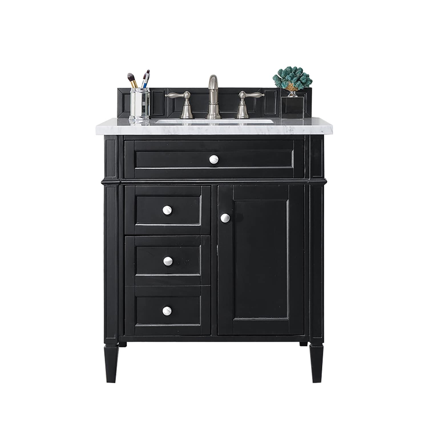 James Martin Vanities 650-V30-BKO-3AF Brittany 30-in Black Onyx Undermount Single sink Bathroom Vanity with Arctic Fall Solid surface Top