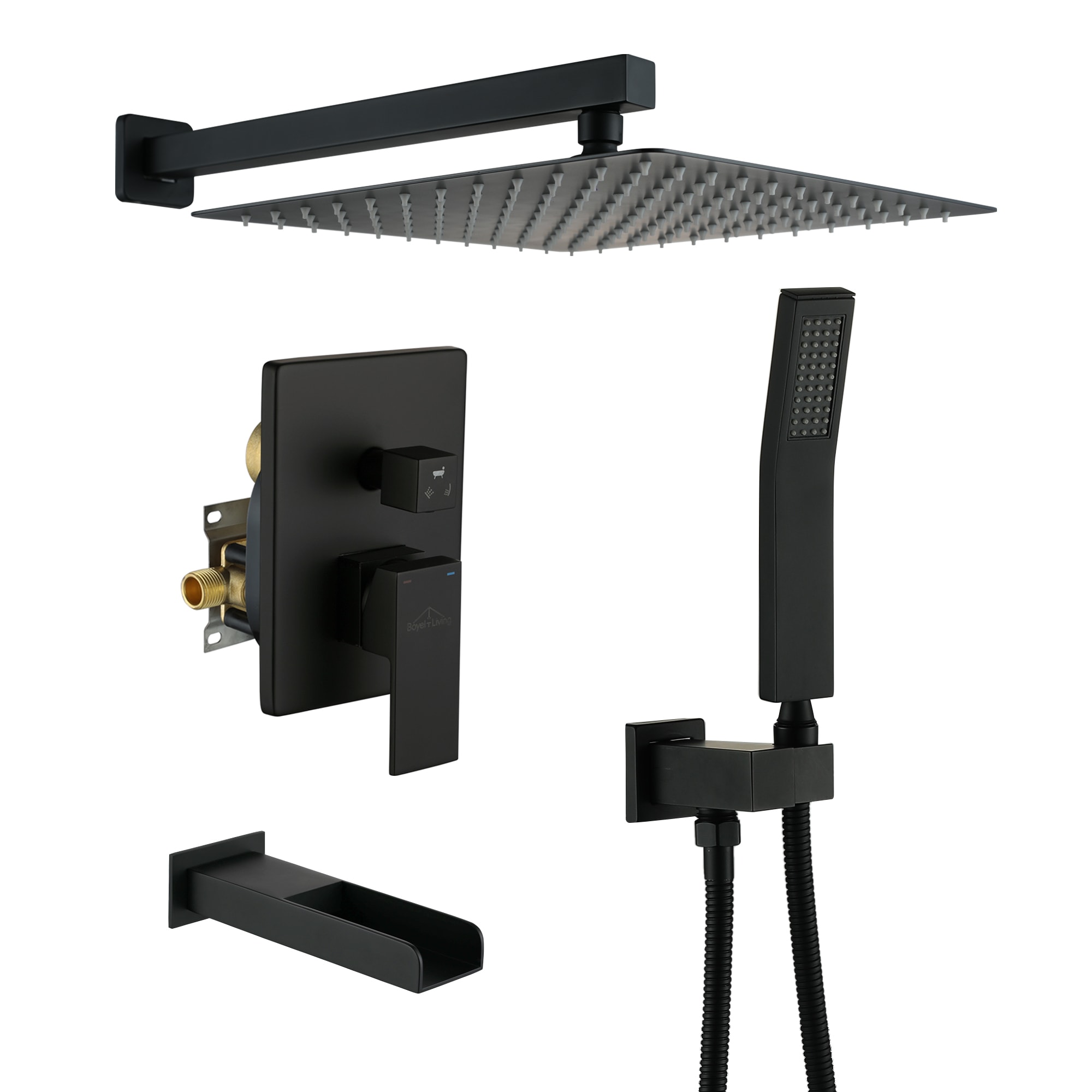 Clihome MS-A3807-12MB Black 12-in Dual Head Built-In Shower Faucet System with 3-way Diverter ( Pressure-balanced Valve Included )