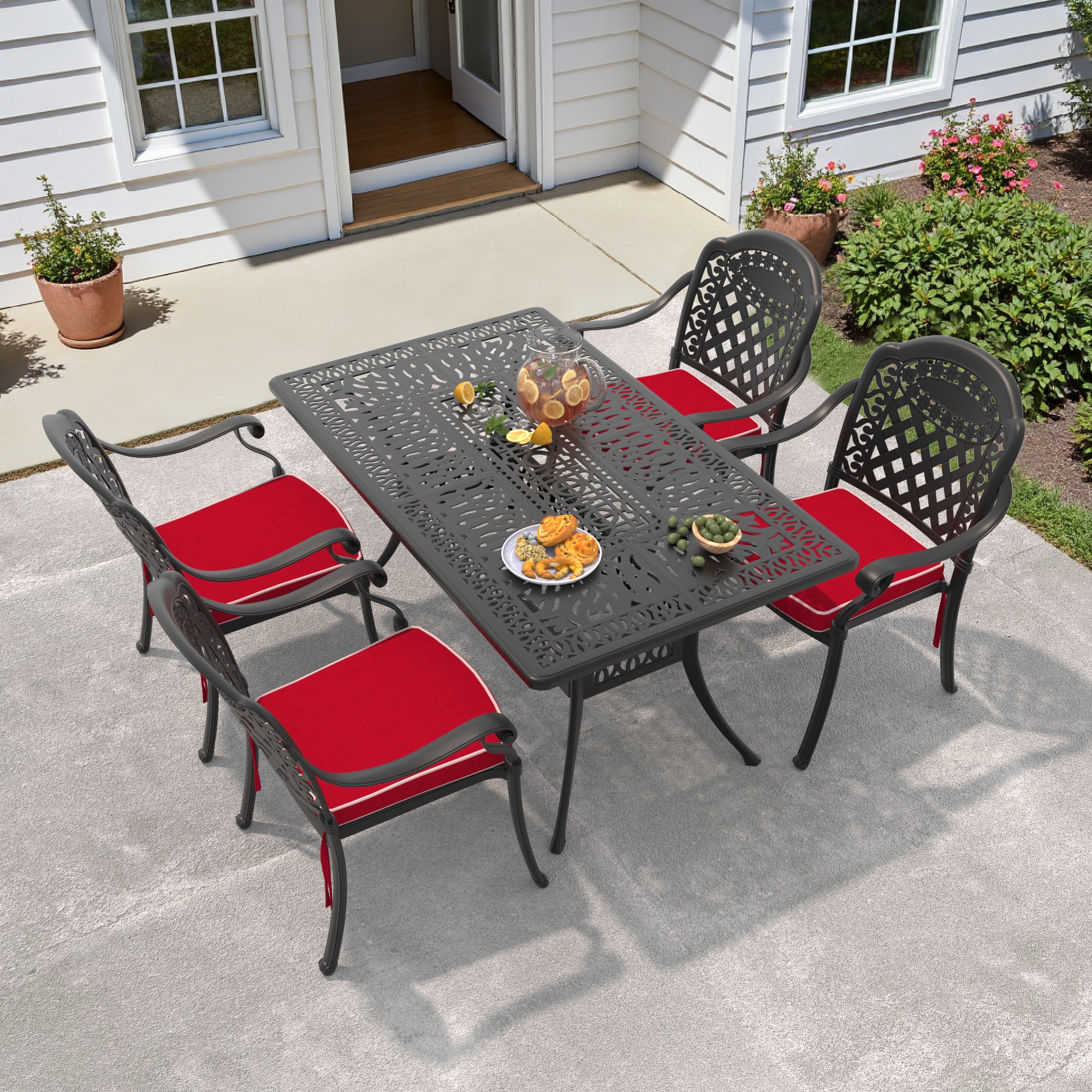 nicesure SLBK6008CZ4A1042RC 5 -Piece Black Patio Dining Set Aluminum Rectangle Table with 4 Cushions Stackable Stationary Chairs