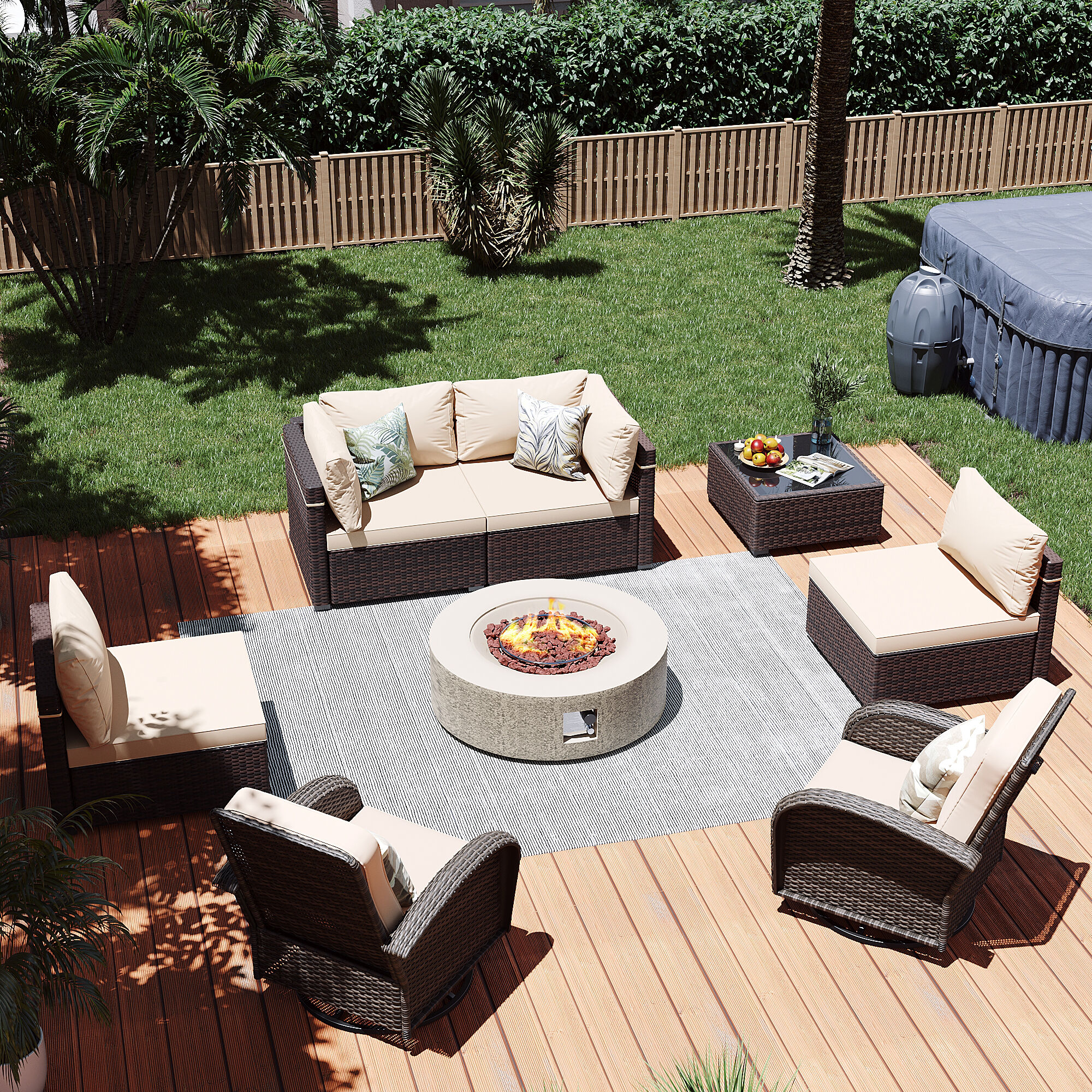 Patio Watcher LS-RT5Y11-42QQBE-B1 8 -Piece Rattan Patio Conversation Set with Beige Cushions
