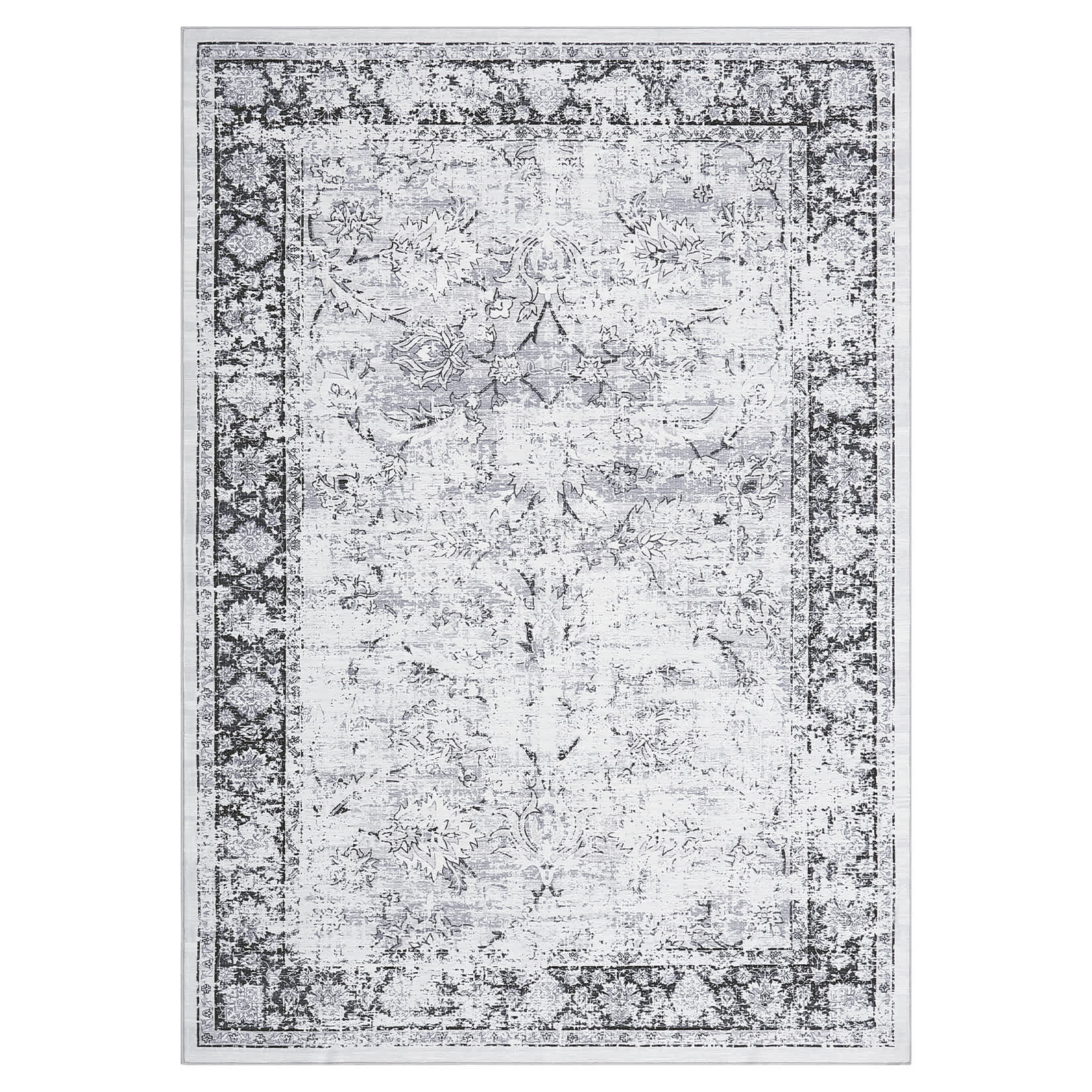 Qeetex SUNNY-PHO-334RKIYP 4 x 6 ft Polyester Grey Rectangular Living Room Bedroom Dining Room Distressed Floral Print Vintage Machine Washable Area Rug