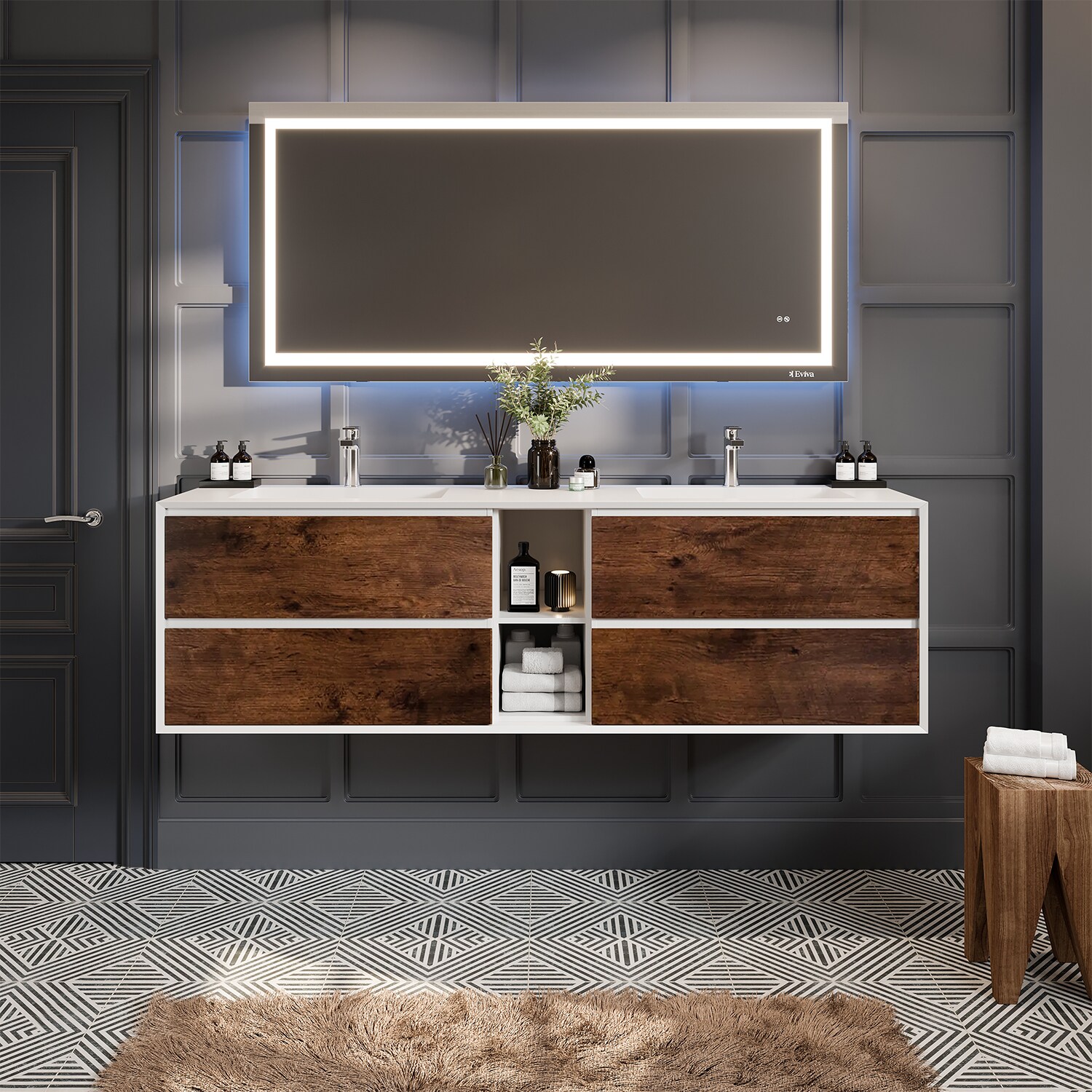 Eviva EVVN777-75RSWD-WH Vienna 75-in Rosewood / White Frame Double Sink Floating Bathroom Vanity with White Acrylic Top