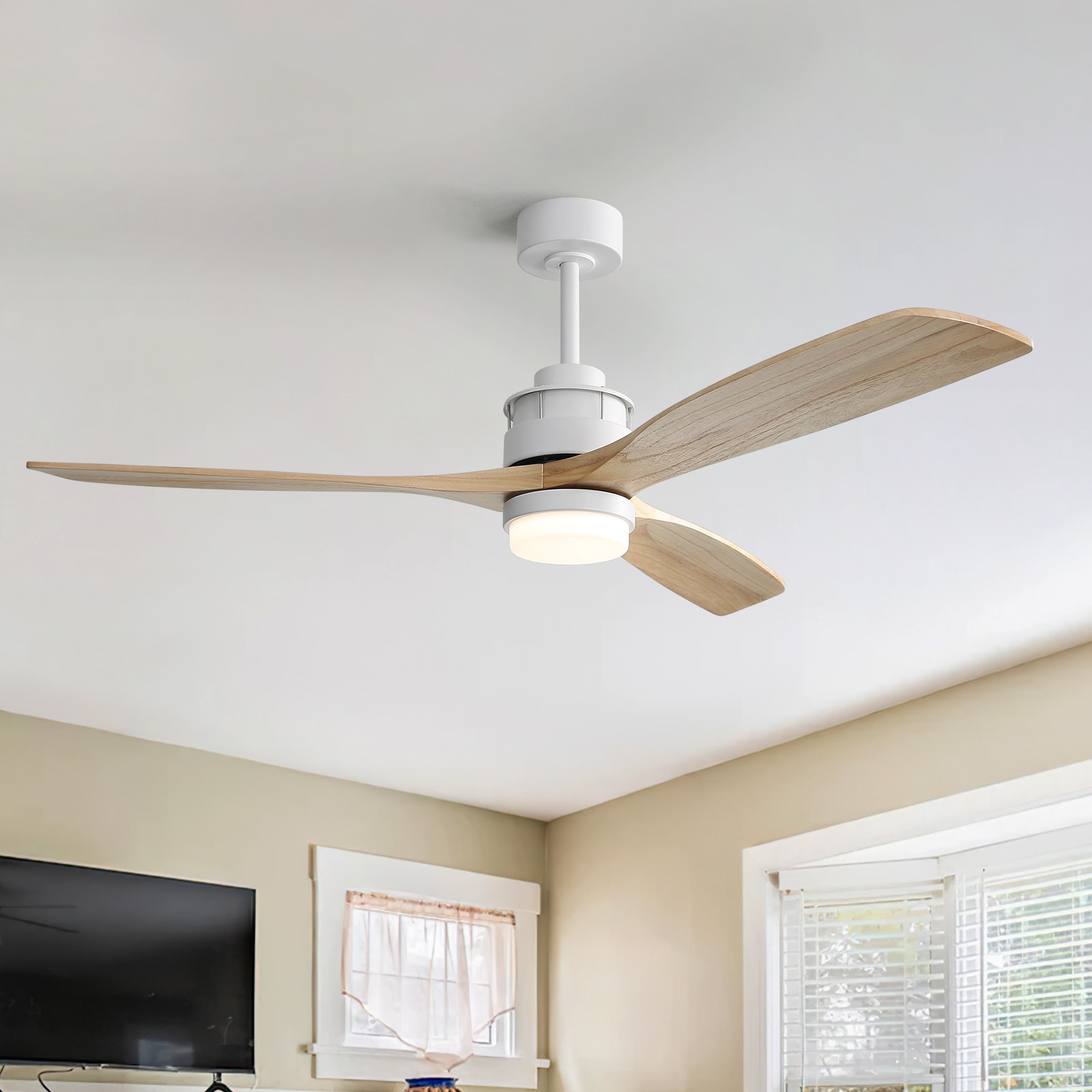 Sofucor LS-6005-WH-YM-60-W Nicola 60-in Color-Changing Integrated LED White with Yellow Blades Propeller Ceiling Fan With Light and Remote ( 3 -Blade )