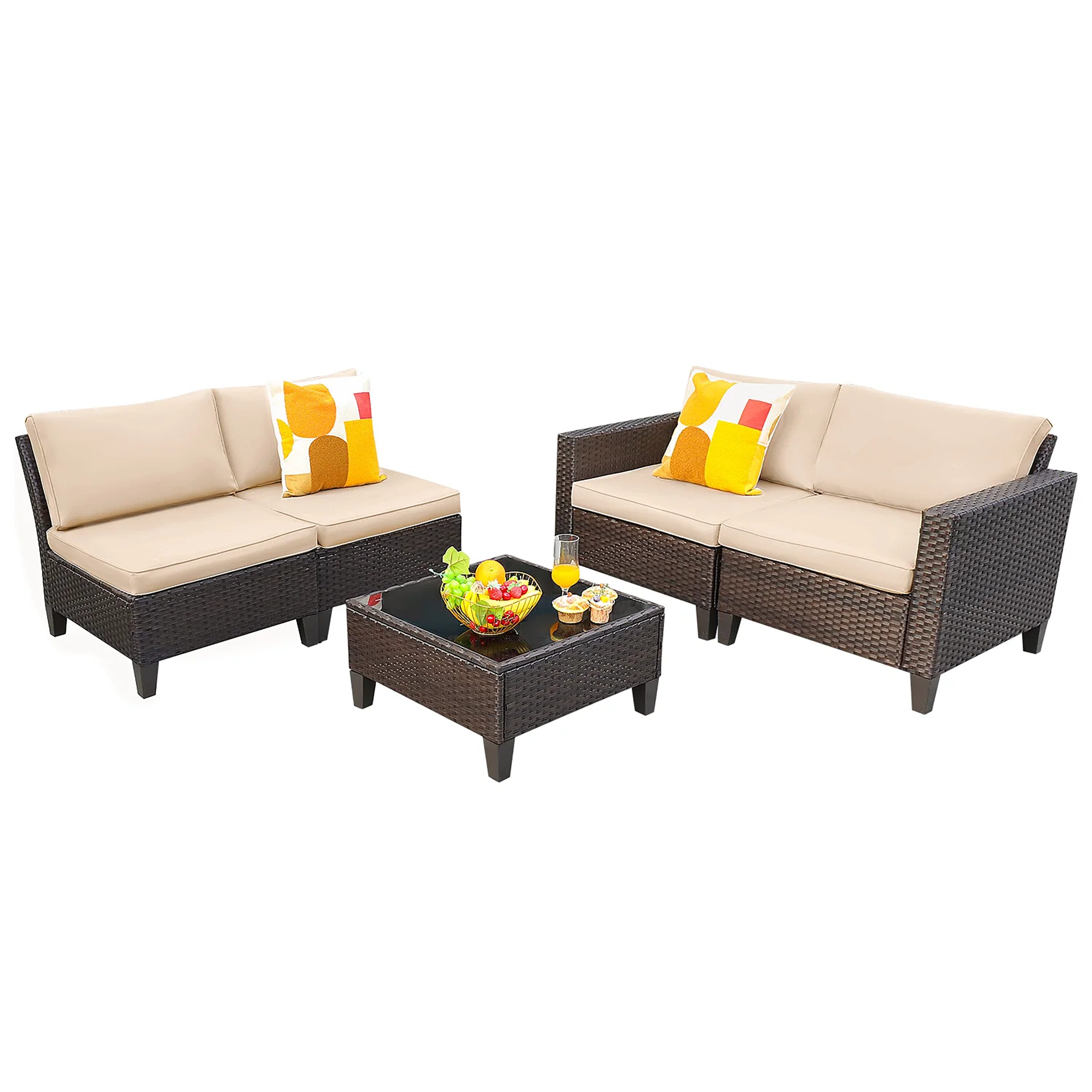 Vineego LS-52CC0PAC0PBG 5-Piece Wicker Patio Conversation Set with Off-white Cushions