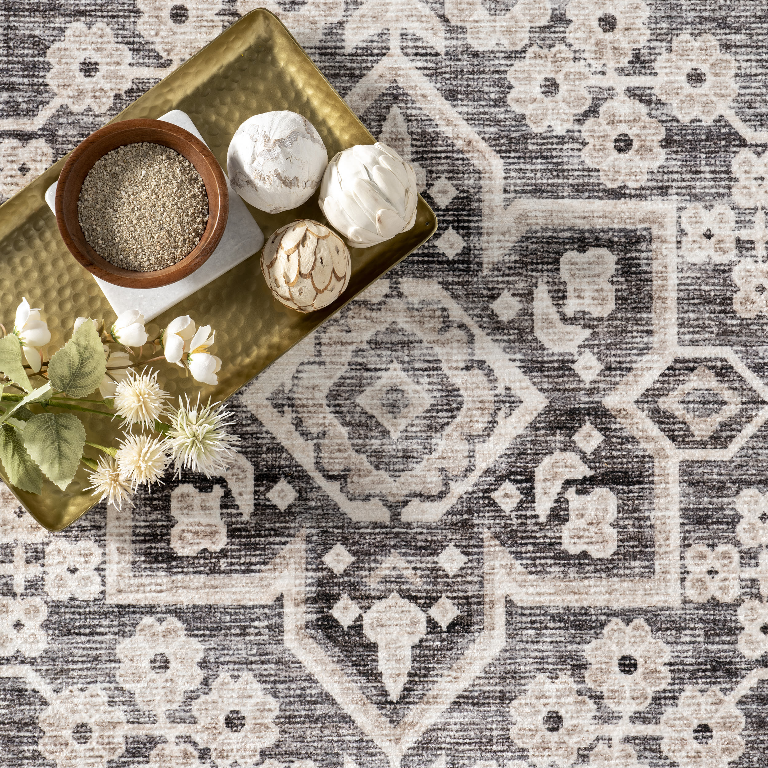 Eira Taupe Medallion Washable Synthetic Area Rug