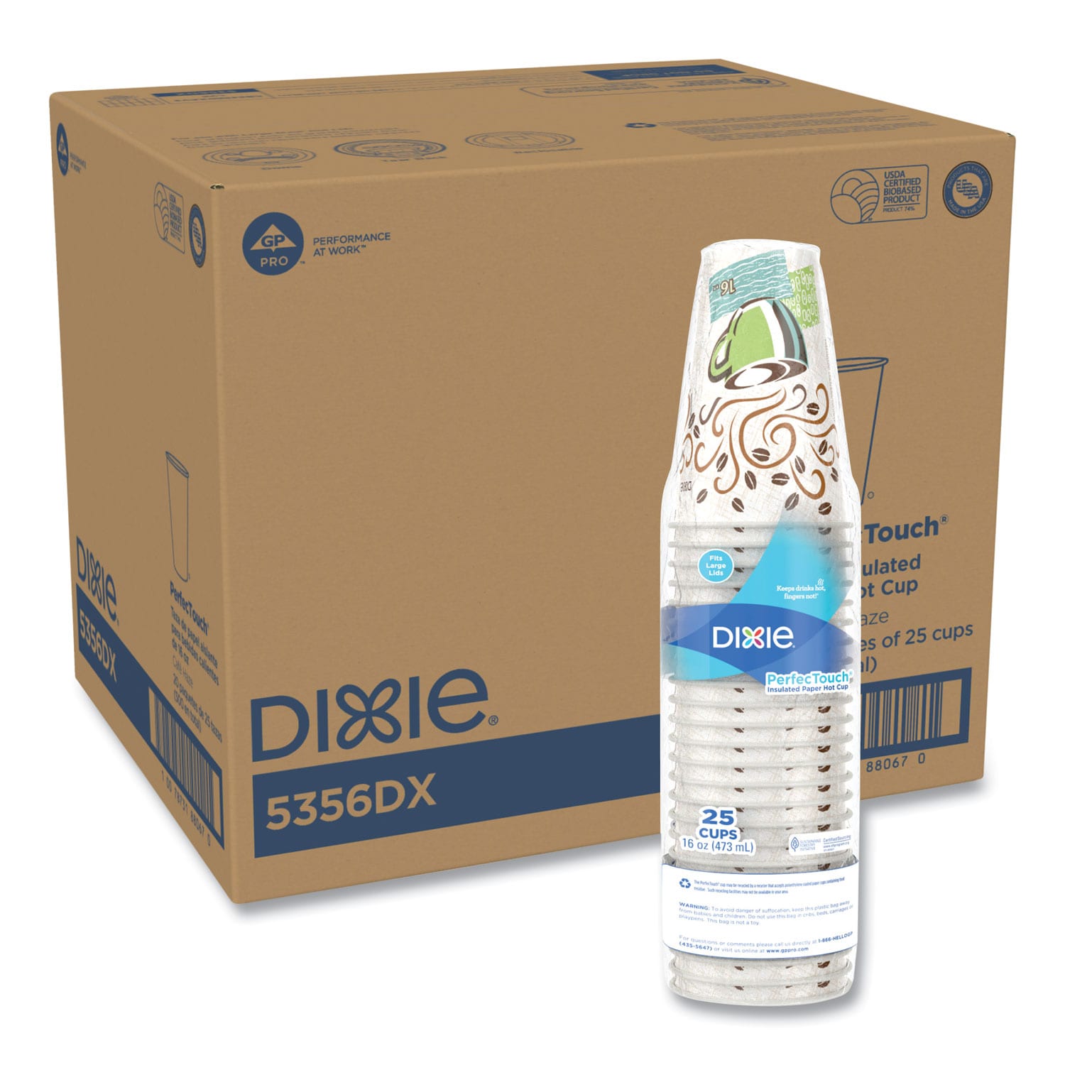 Dixie PerfecTouch Paper Hot Cups 16 oz Coffee Haze Design 25 per Sleeve 20 Sleeves per Carton