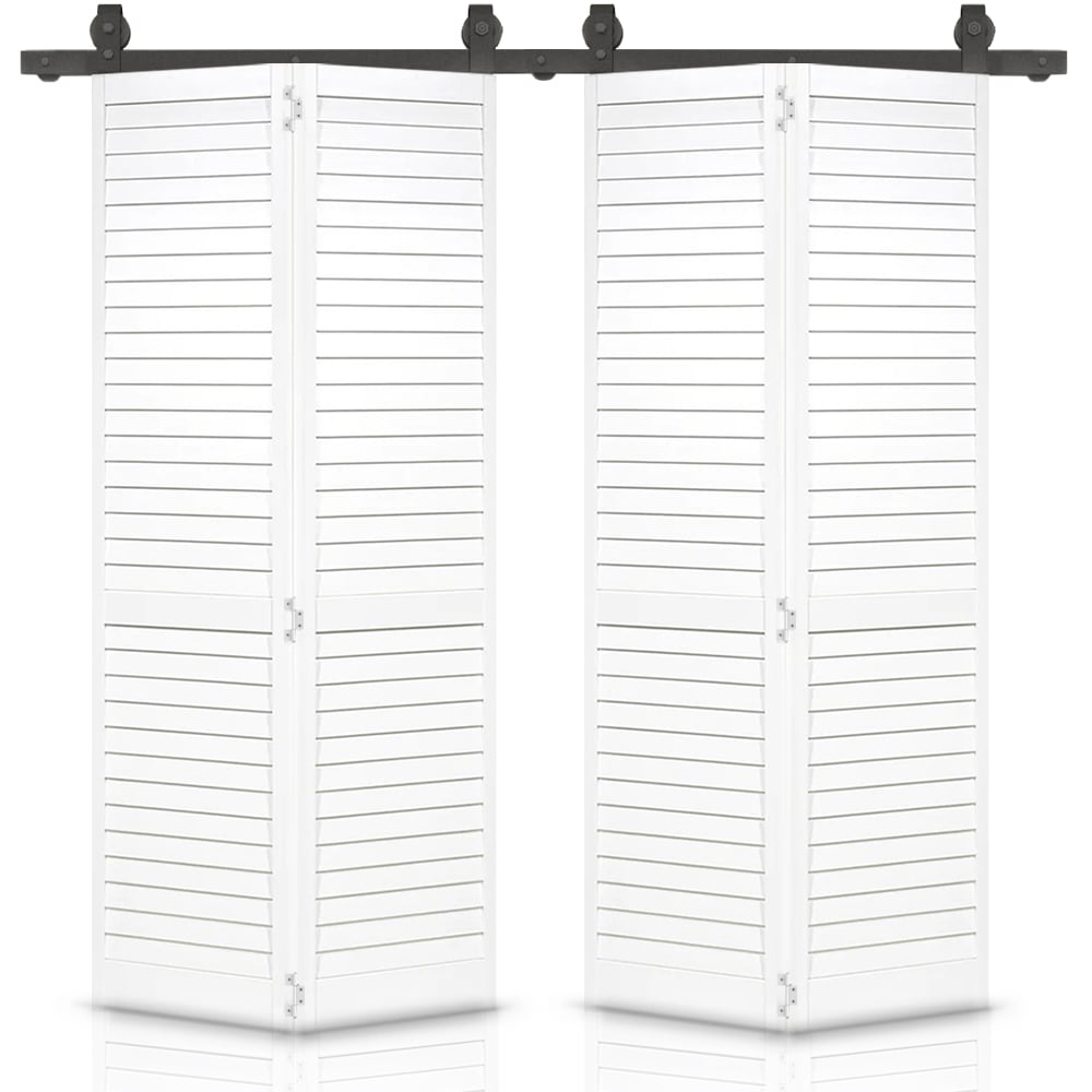 CALHOME 1602-4T+BYC03-30(2 60-in x 80-in White Primed Pine Wood Solid core Double bifold Barn Door (Hardware Included)