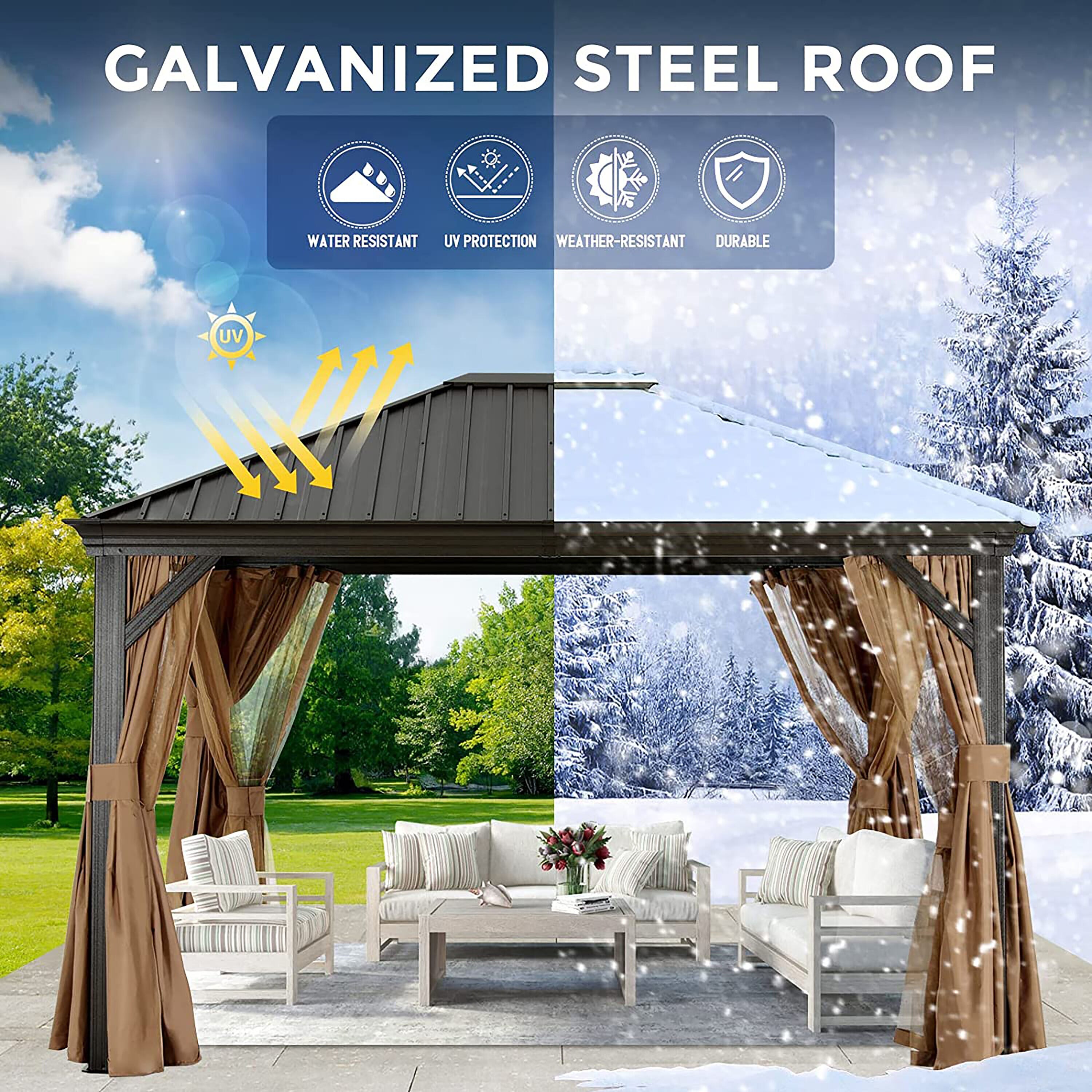 ABCCANOPY 12-ft X 10-ft Rectangle Khaki Metal Steel Roof Gazebo With ...