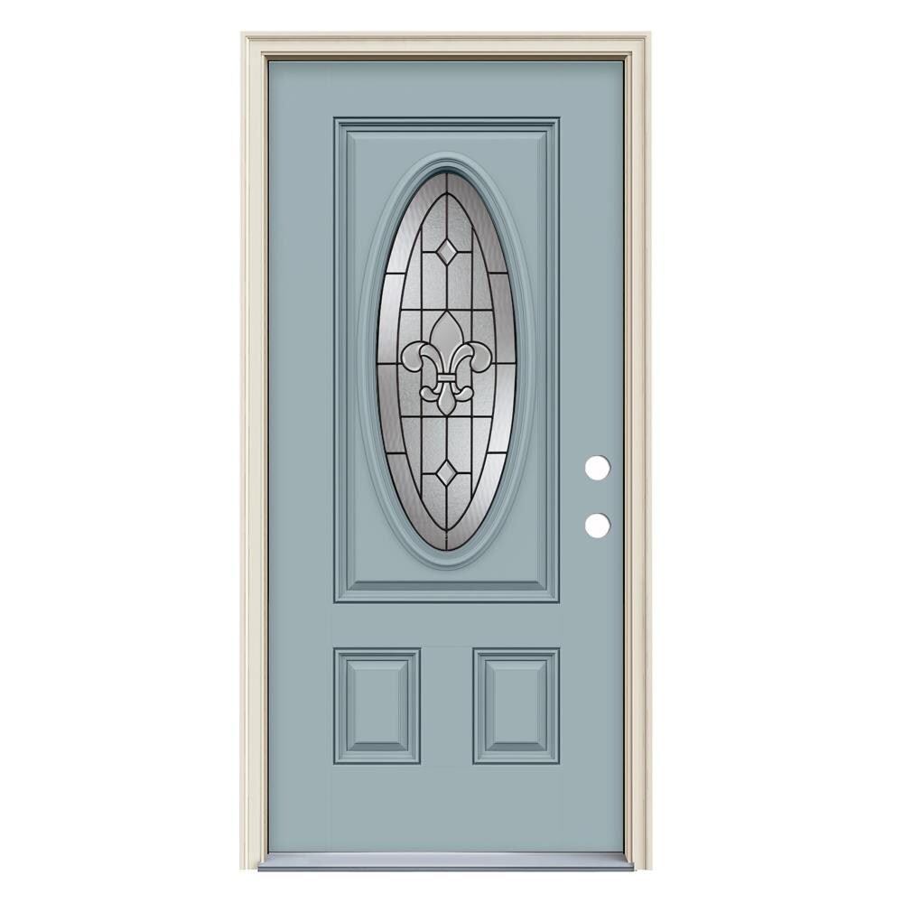 JELD-WEN LOWOLJW231200030 Nola 36-in x 80-in x 4-9/16-in Fiberglass Oval lite Left-hand inswing Serenity Painted Prehung Front Door with Brickmould Insulating core