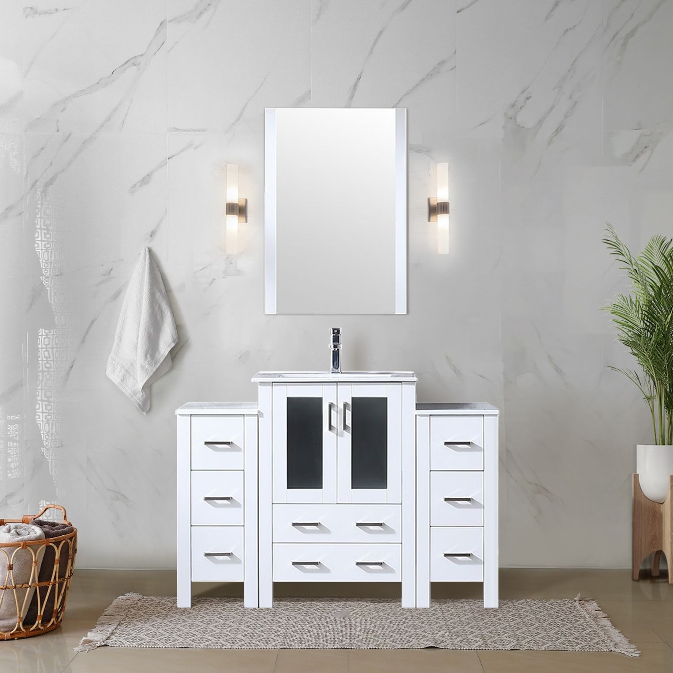 Lexora LV341848SAESM22 Volez 48-in White Single sink Bathroom Vanity with White Ceramic Top (Mirror Included)