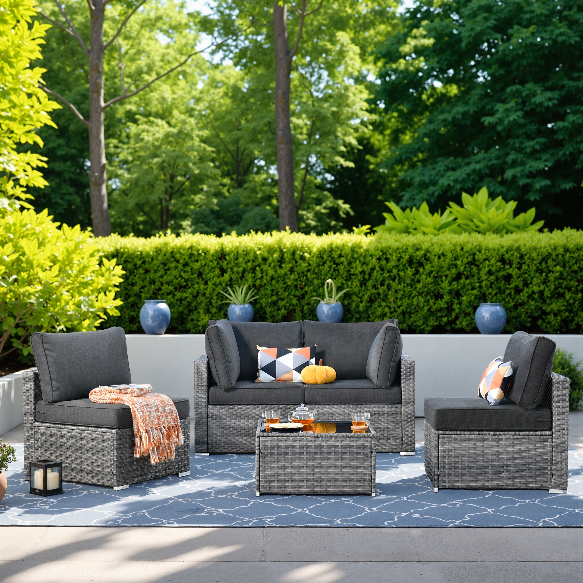 weaxty HMBHOP105 Kuuga Wicker Outdoor Sectional with Black Cushions and Steel Frame
