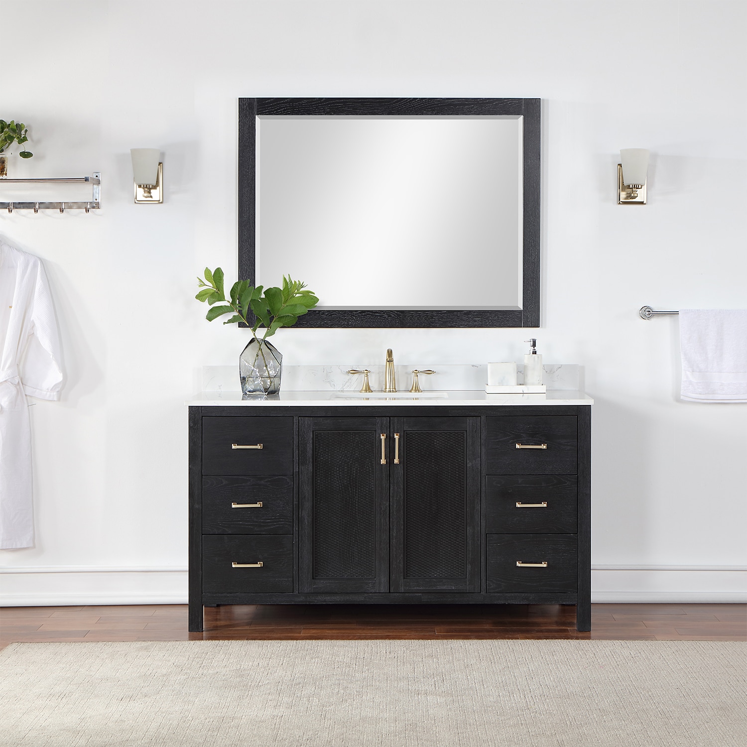 Altair 542060S-BO-AW Hadiya 60-in Black Oak Undermount Single sink Bathroom Vanity with Aosta White Engineered marble Top (Mirror Included)