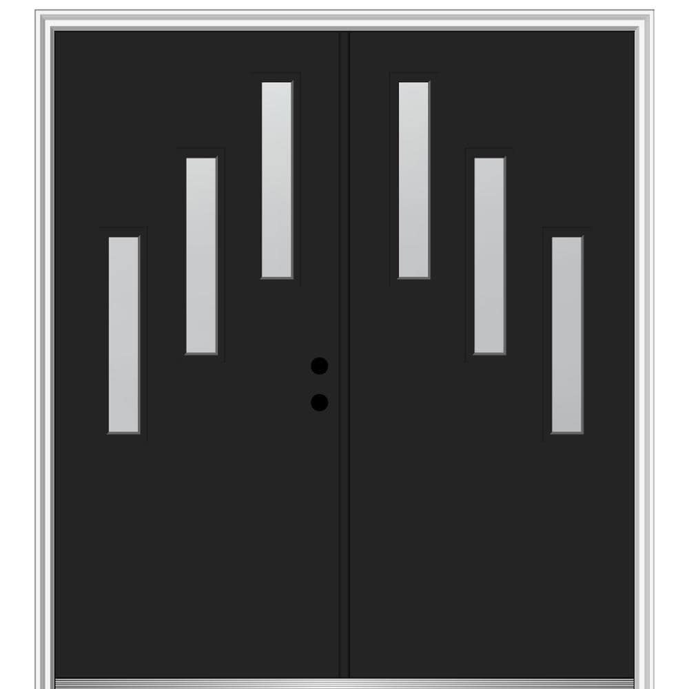 MMI DOOR ZZ350819L Spotlights 60-in x 80-in x 6-9/16-in Fiberglass Pulse lite Left-hand inswing Black Painted Prehung Double Front Door with Brickmould Insulating core