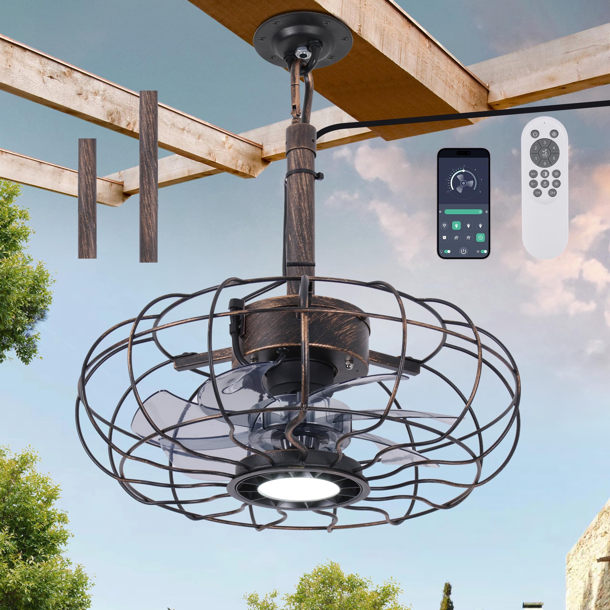 Anqtovp  15 Inch Outdoor Ceiling Fan with Light Remote App Control IP65 Waterproof Plug in Hanging Fan 3CCT Dimmable Portable Cord Hook for Patio