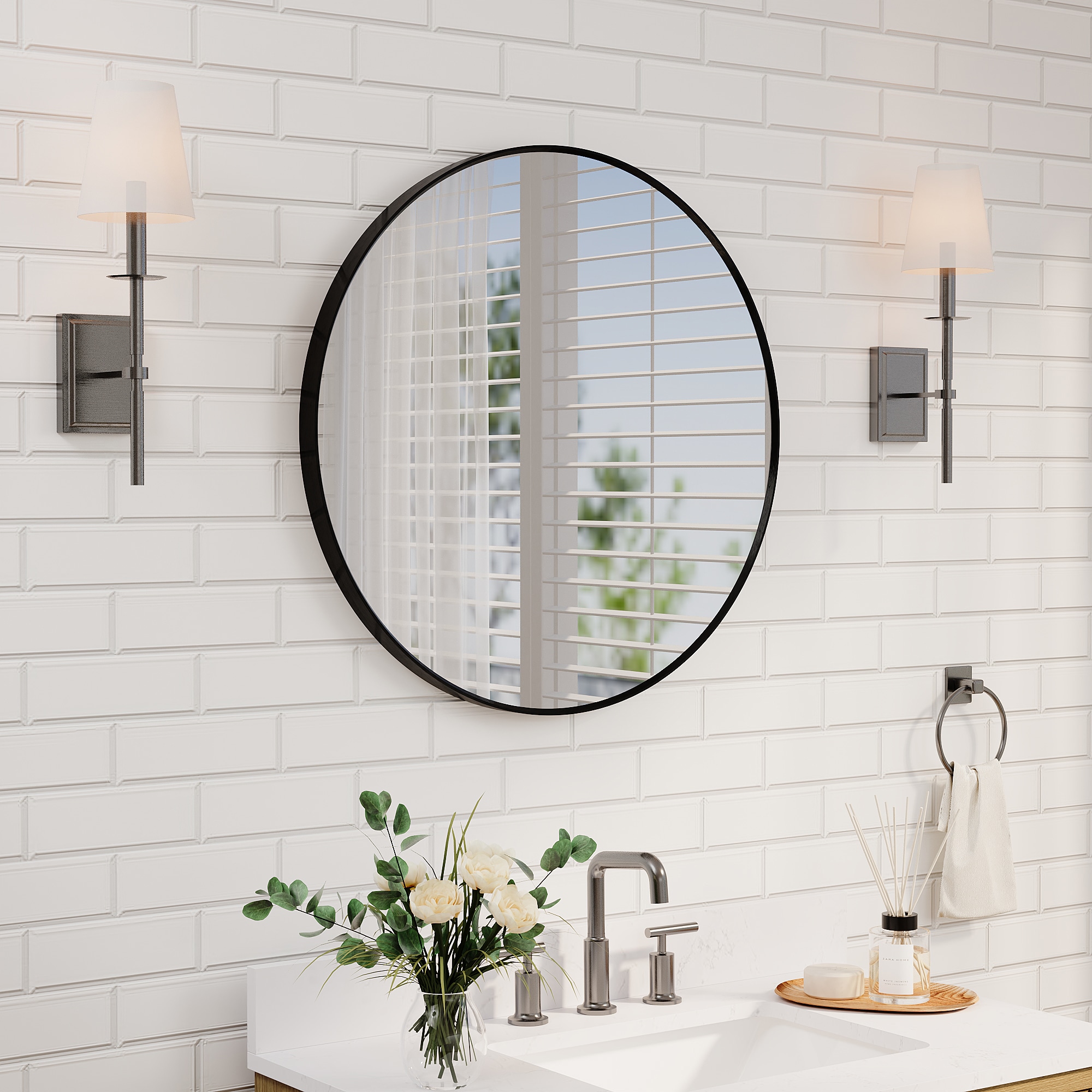 WELLFOR R1MR2828MB BELLA 28-Inches x 28-Inches Framed Round Bathroom Vanity Mirror ( Matte Black )