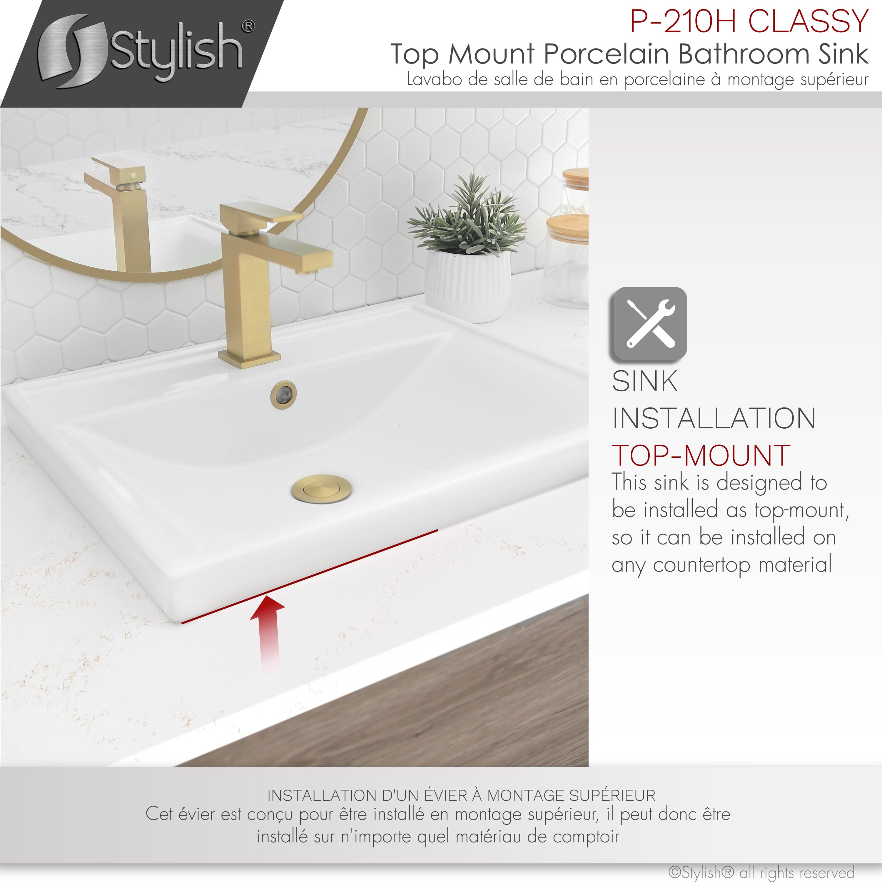 White Rectangular Ceramic Drop-In Bathroom Sink with Overflow