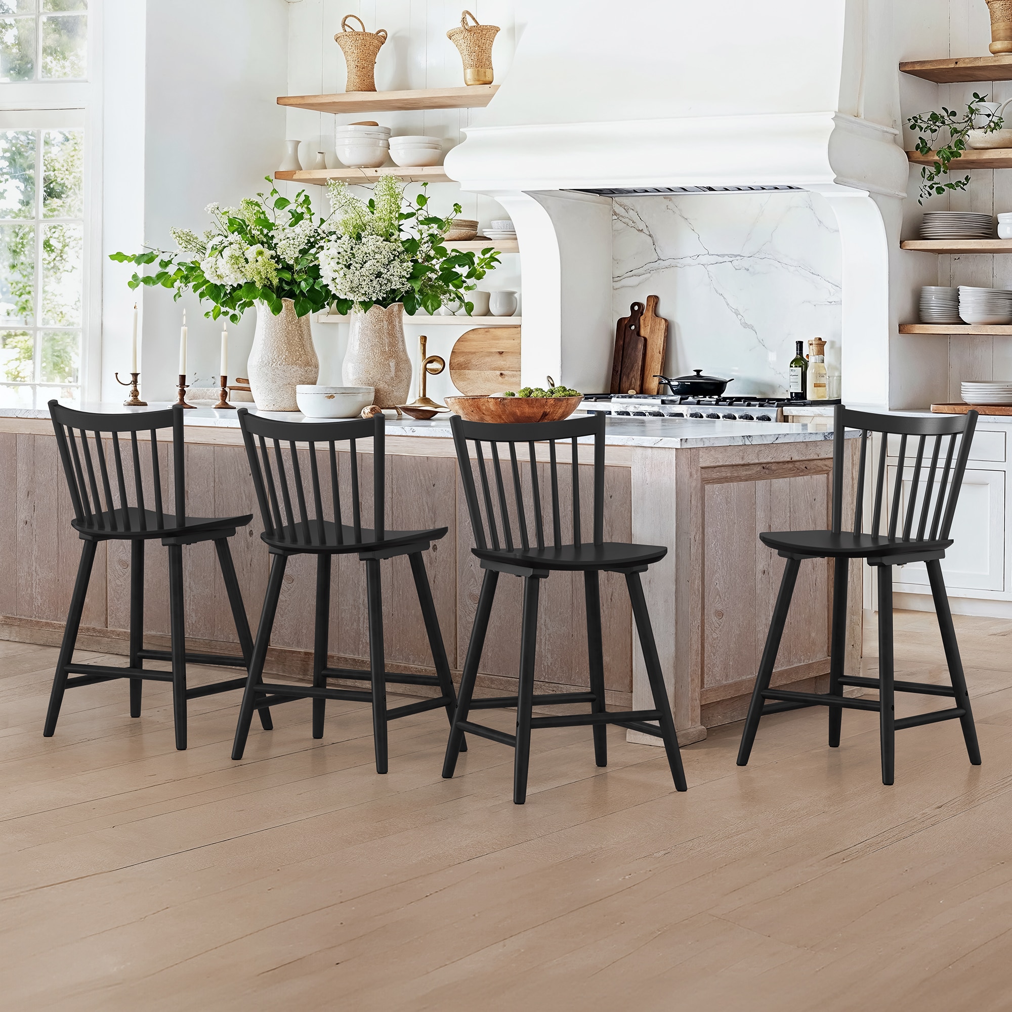 LUE BONA YB-151-01LS Set of 4 Black 24-in H Counter height (24-in to 27-in) Square Seat Wood Back Bar Stool Back